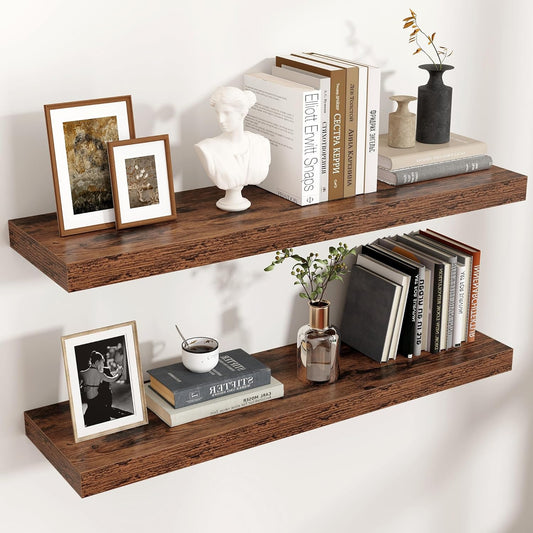 Floating Shelves - 2 Large Wall Mounted Shelves with Invisible Brackets, Long Wood Floating Wall Shelf for Living Room, Bedroom, Kitchen (Brown, 36" W x 9" D x 1.5" H)