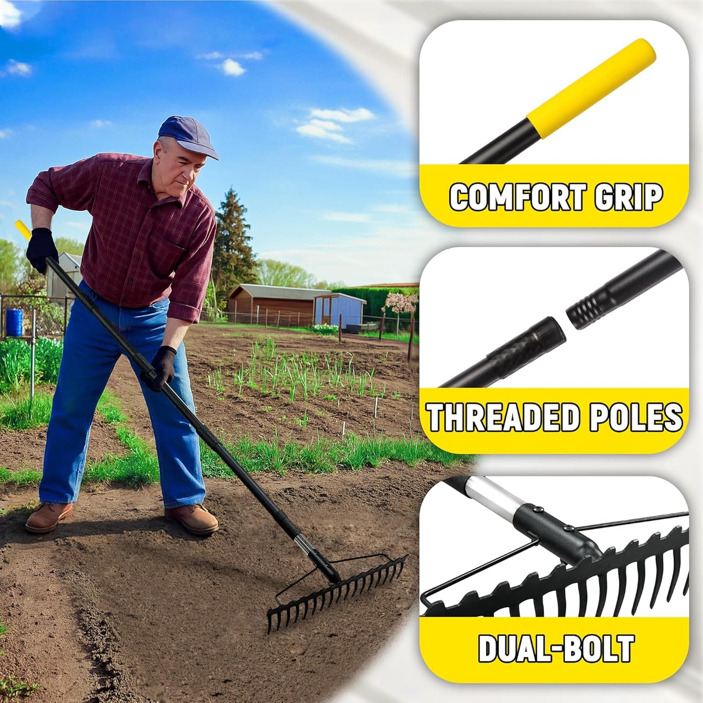 Bow Rake, 68-Inch Adjustable Handle Garden Rake with 17 Steel Tines, Heavy Duty Dual-Sided Metal Rake Landscape Gardening Tool for Soil Loosening Lawn Yard Leaves Mulch Thatch Removing