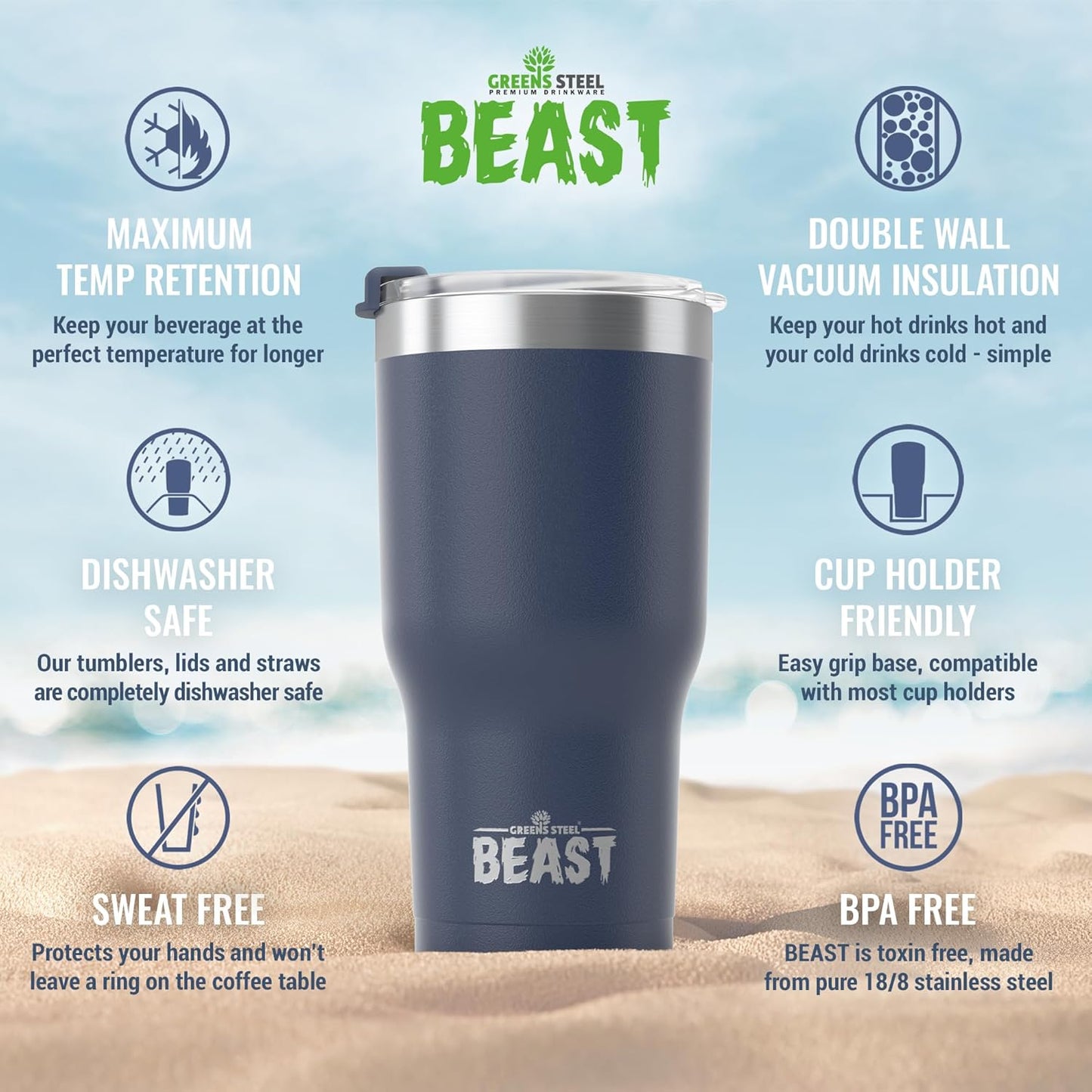 Beast 30 oz Tumbler Stainless Steel Vacuum Insulated Coffee Ice Cup Double Wall Travel Flask (Navy Blue)