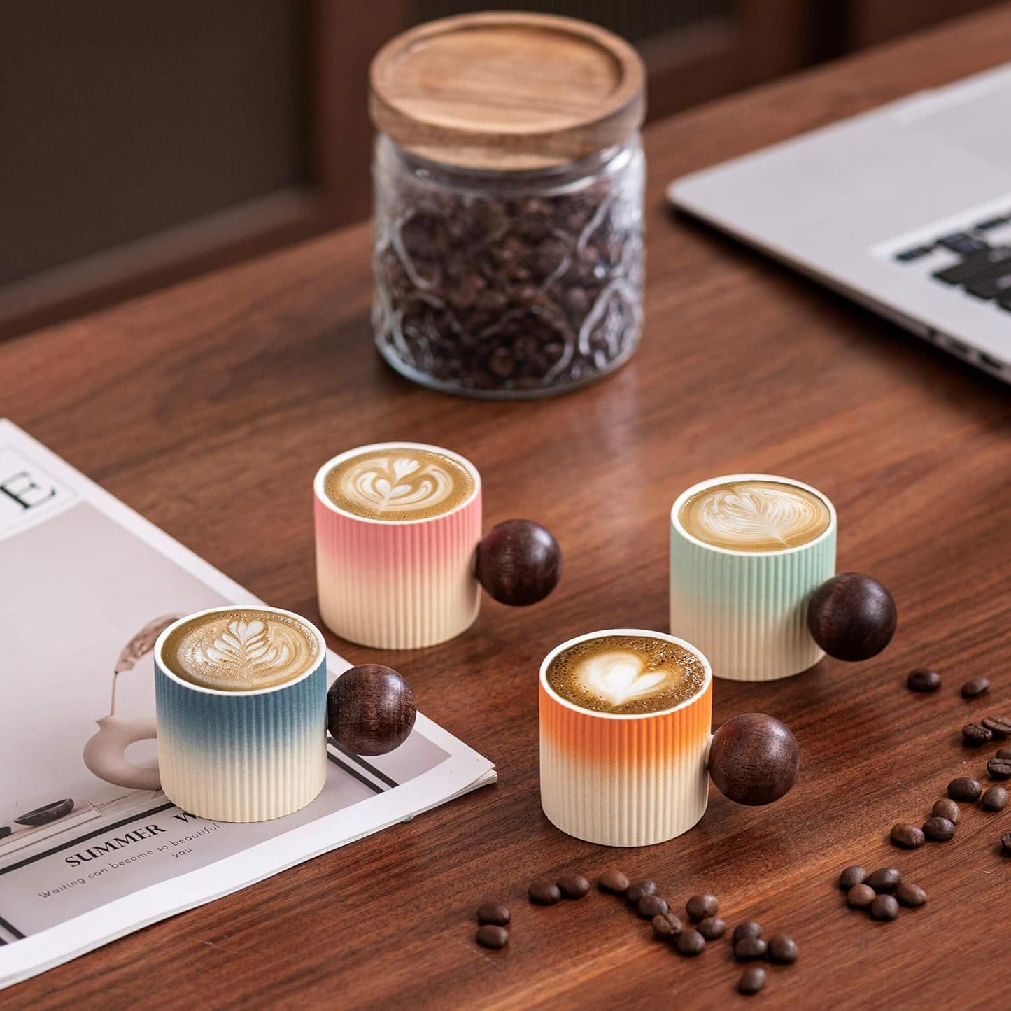 Ceramic Mini Espresso Cups Demitasse Cups with Round Wooden Handle Vertical Stripes Tea Cups (Beige&Orange, 4pcs)