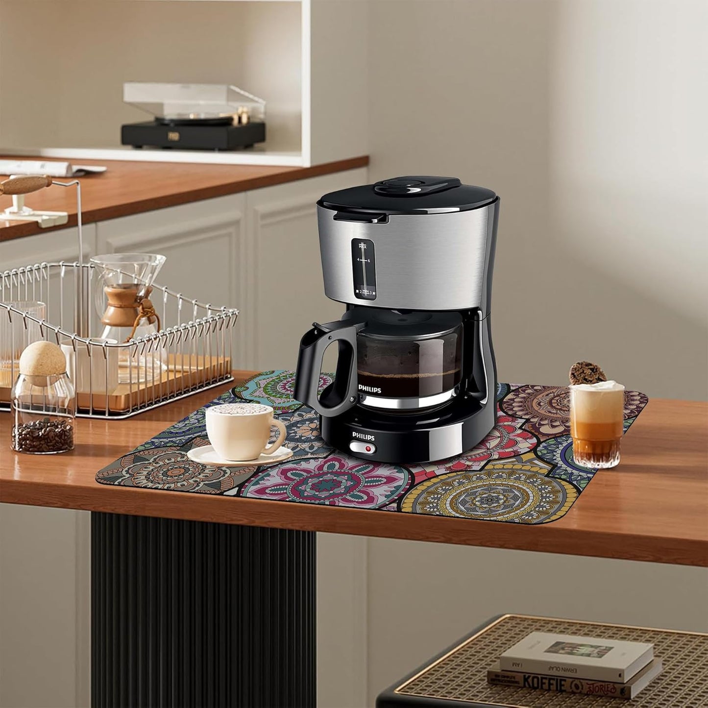 Dish Drying Mat Bohemia Vintage Decorative Pattern Kitchen Mat 16"x24" Bsorbent Coffee Maker Mat for Dishes,Utensils Coffee Maker Pots and Pans Easy Clean Dish Slip Resistant Pad