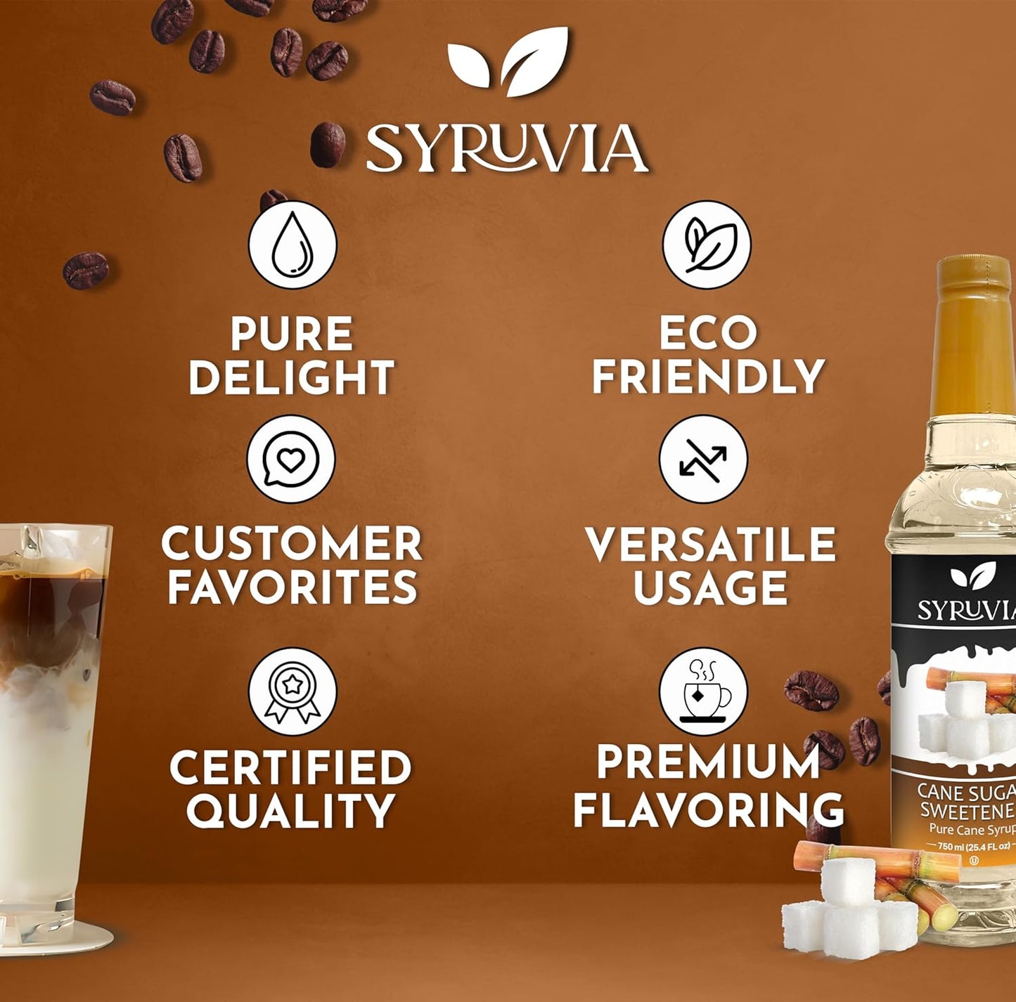 Syruvia Cane Sugar Sweetener Coffee Syrup - 25.4 fl oz. Premium Coffee Flavoring Syrup. Kosher and Gluten-Free. Perfect for Enhancing Drinks, Sodas, Shakes, Desserts, and More.