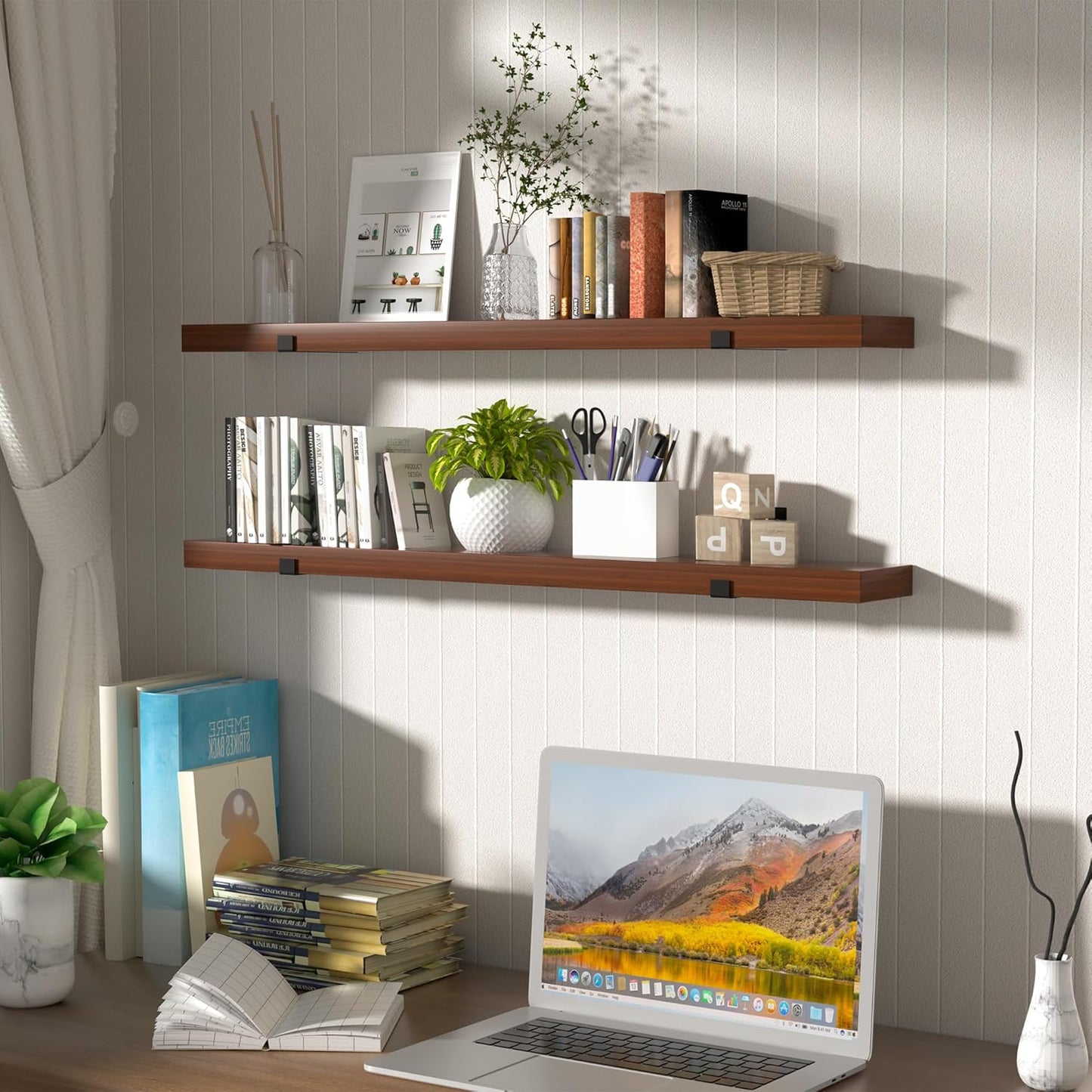 CONSDAN Floating Shelf for Wall Mounted Book Shelf Hanging Shelves Floating Bookshelf for Bedroom, Bathroom, Living Room, Kitchen USA Grown Solid Hardwood, Dark Maple 60x7.5x1.5 in