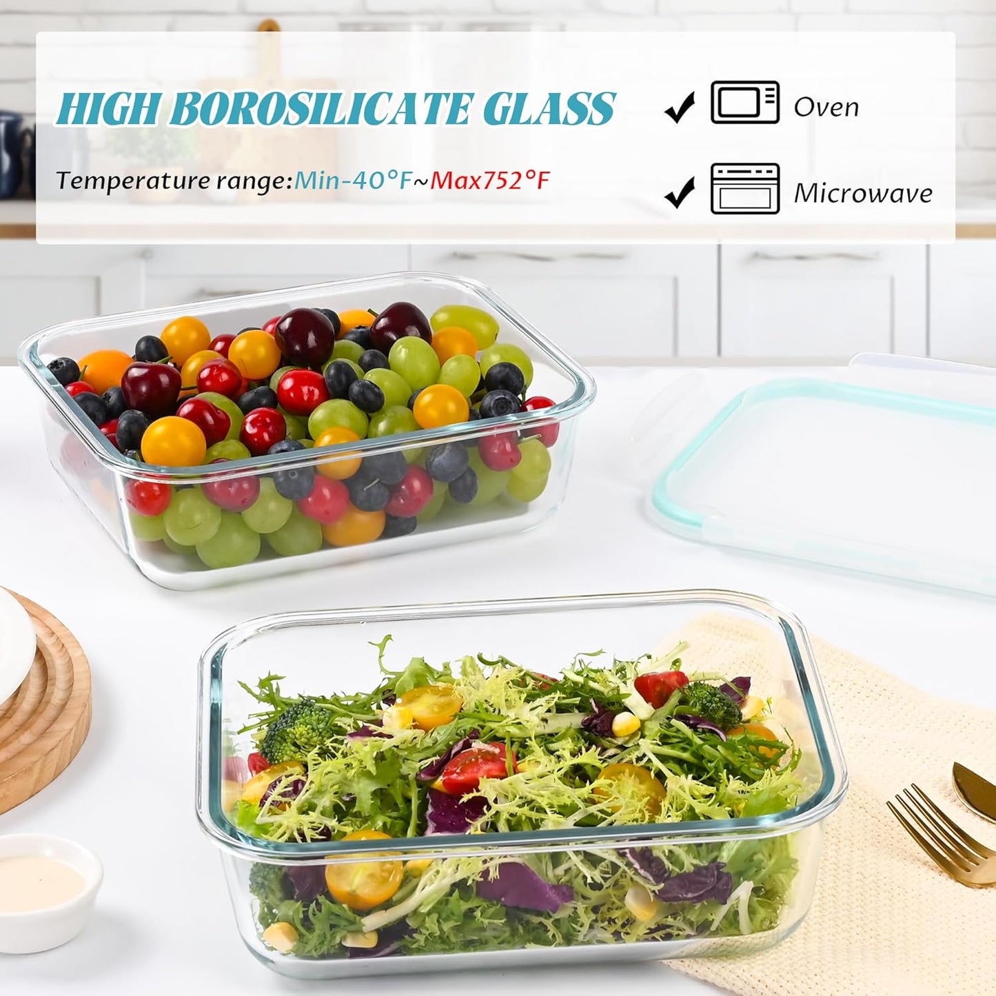 2Pack 9.8 Cups/ 78 Oz Large Glass Food Storage Containers with Lids, Glass Meal Prep Containers with Airtight Lids - BPA Free, Leakproof, Ideal for Food Storing/Serving, Microwave/Oven Safe
