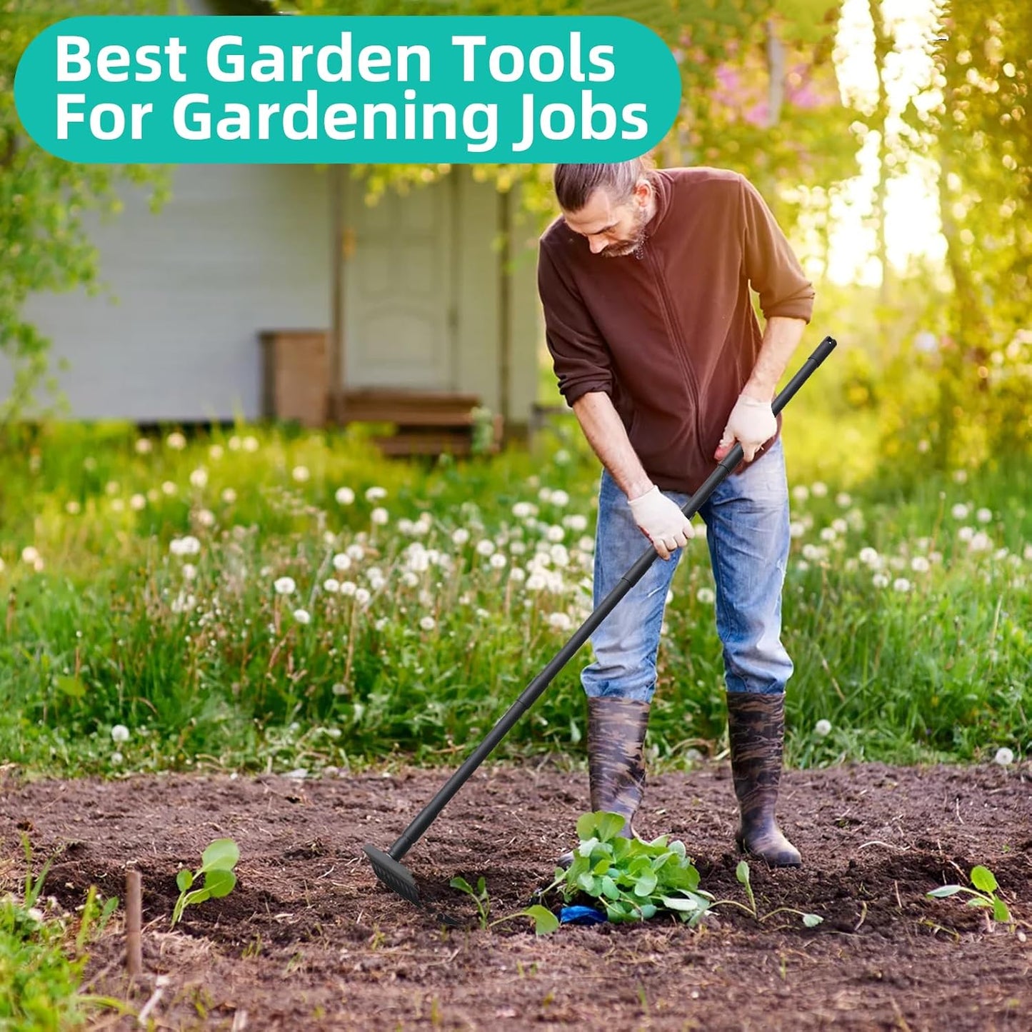 Bow Rake for Soil Leveling 60 Inch Heavy Duty Garden Tool with 12 Tines Adjustable Long Handle Thatch Rake for Gardening Loosening Soil Leveling Mulch Gathering Leaves, Black