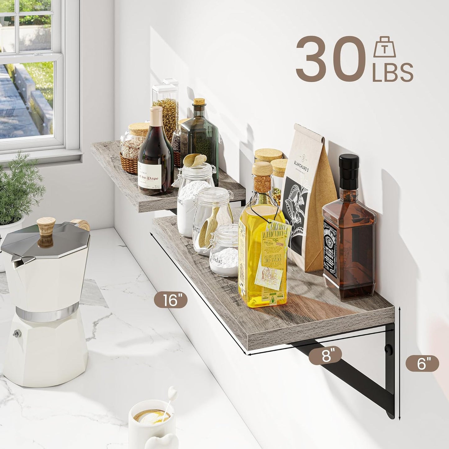 Dreamland Deep Floating Shelves for Wall, 16W x 8D Wall Mounted Wide Shelves Set of 2, Grey Floating Shelves Bedroom with Sturdy Metal Brackets for Living Room, Bathroom and Kitchen