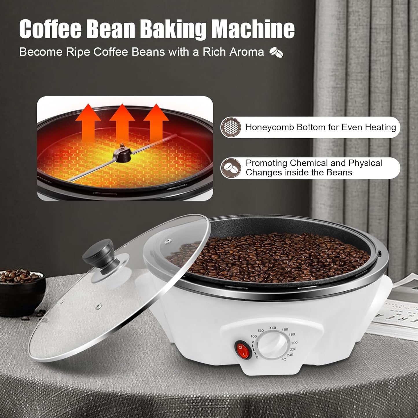 500g Coffee Roaster 800W Electric Coffee Bean Roaster with Non-stick Pan, 32℉-464℉ Temperature Adjustable Auto-matic Nuts Coffee Bean Roaster for Homes, Cafes, Hotels 110V