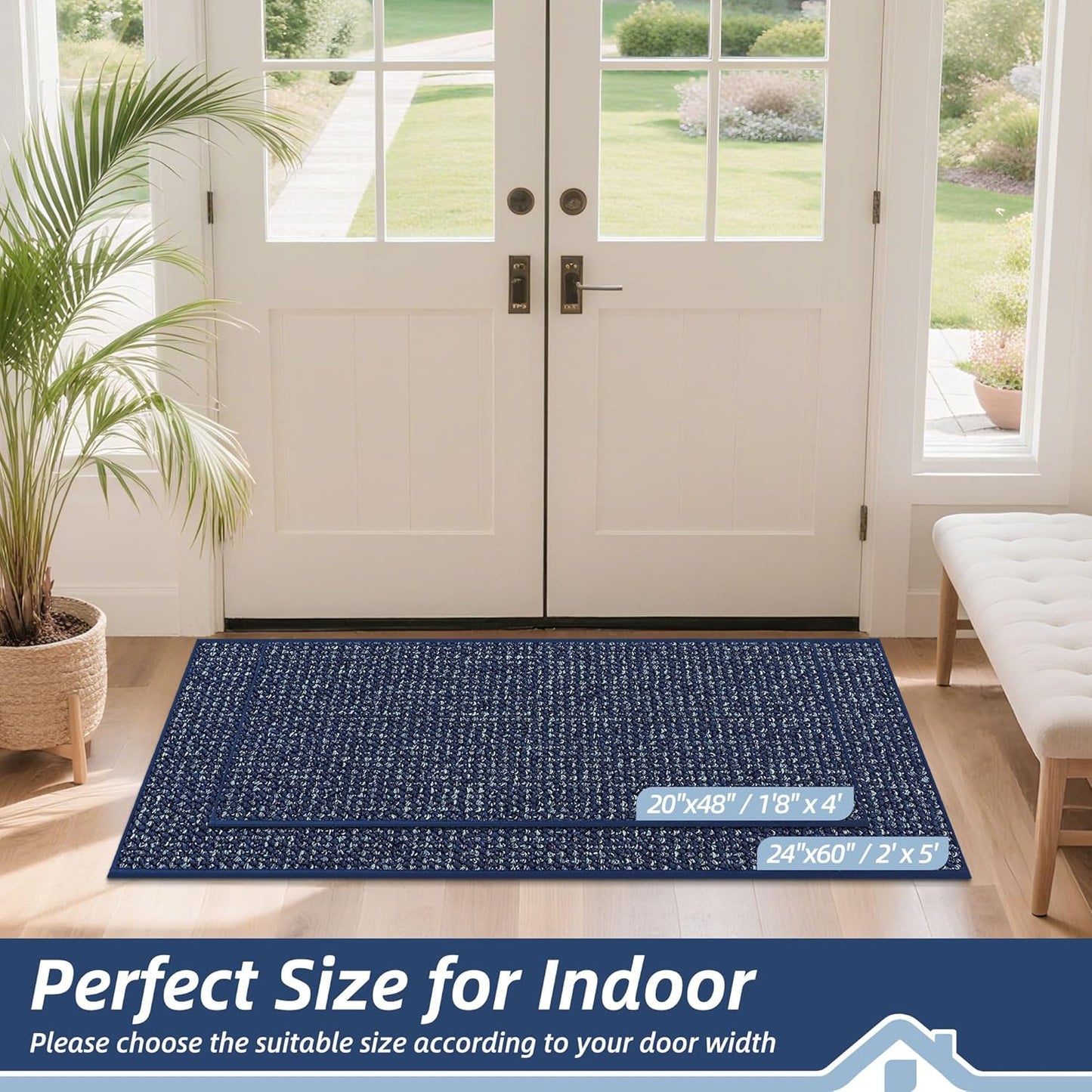 BEQHAUSE Dirt Trapper Door Mat 24" x 60", Non-Slip Washable Doormats Entrance Mat, Dirt Resistant and Absorbent Welcome Mat, Low Profile Floor Mats for Front Back Door and Entryway, Blue