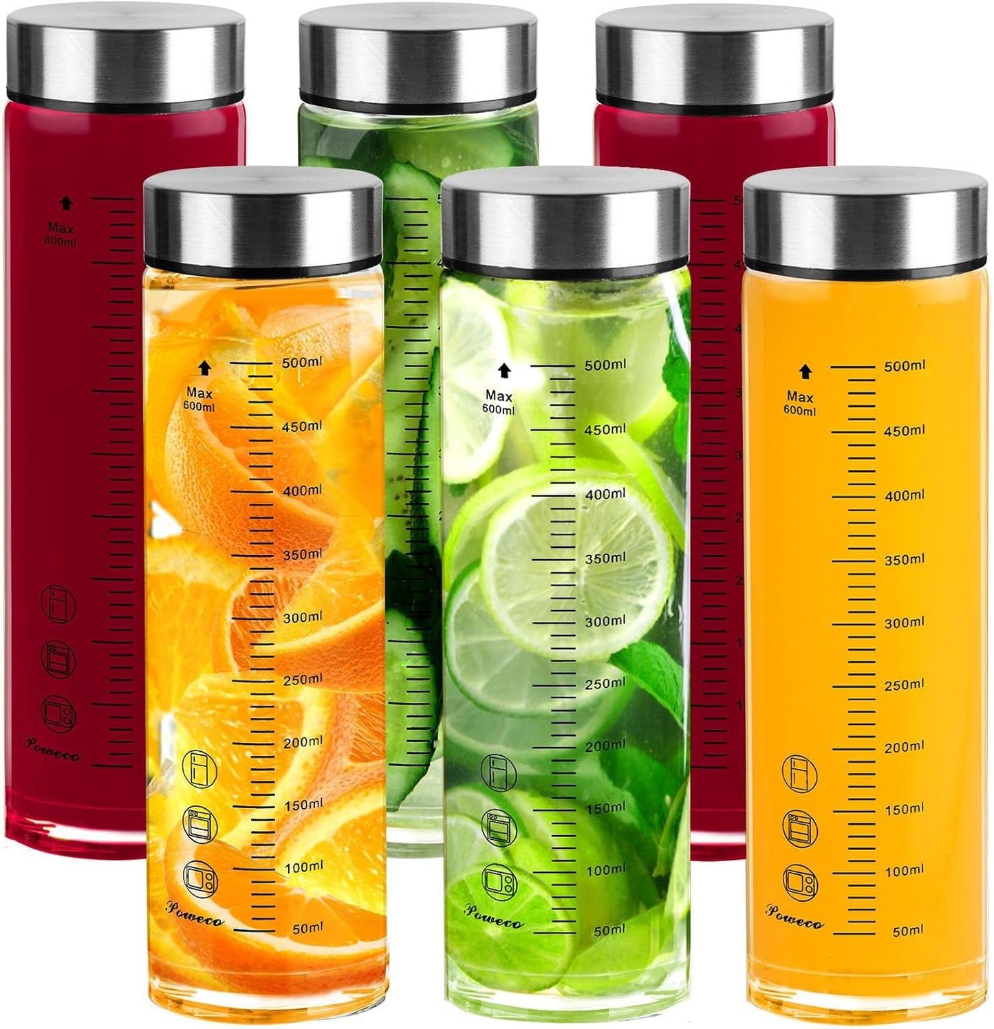 Glass Juice Bottles 6 Pack 20 oz - Wide Mouth Glass Water Bottles with Lids - for Juicing, Protein, Smoothie, Milk, Reusable, BPA Free, Stainless Steel Lids, Blender, Shaker Bottle (20oz/600ml)