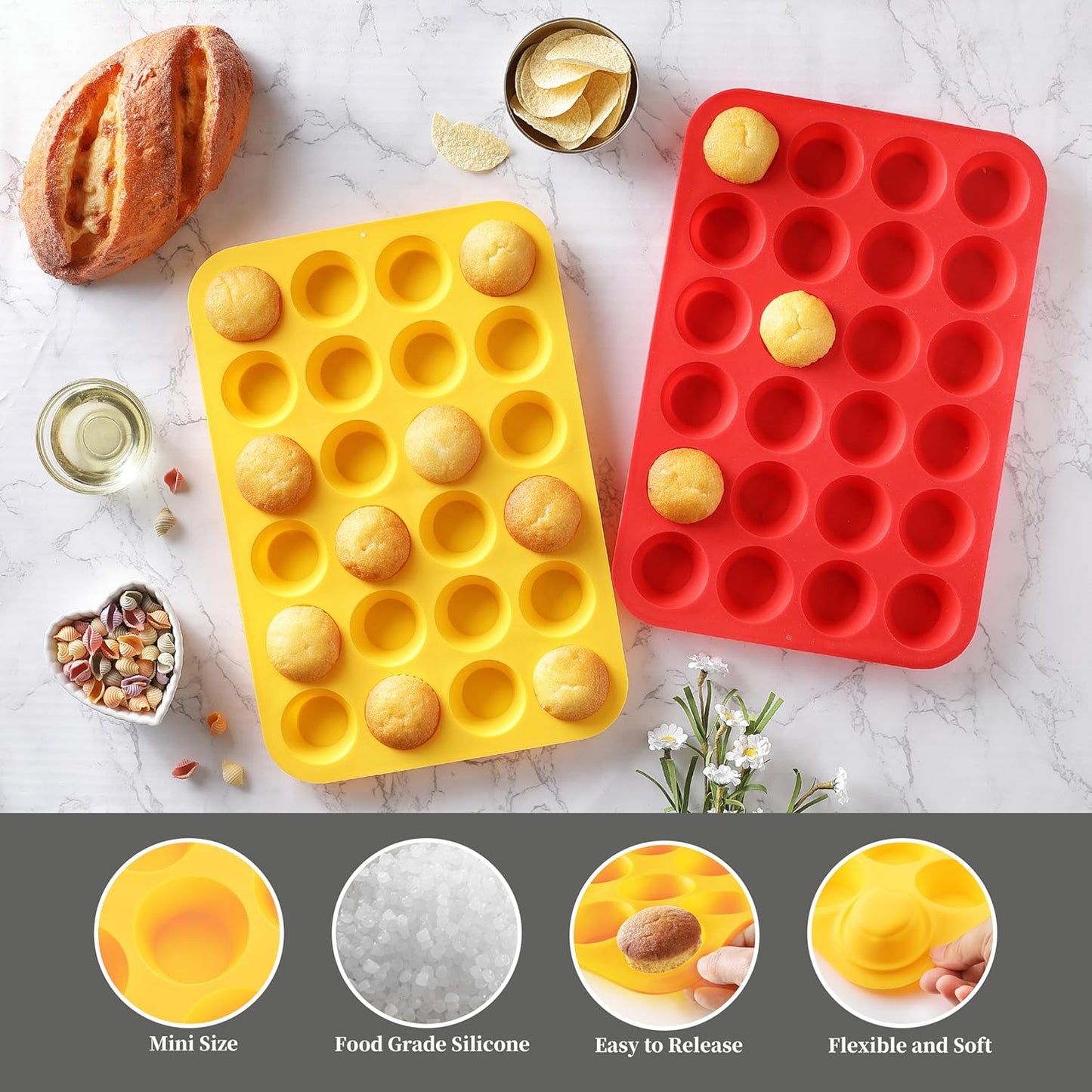 2PCS Silicone Mini Muffin Cupcake Pan, Non-Stick 24-Cavity Silicone Muffin Pans for Baking, Great for Making Muffin, Cakes, Tart, Bread, BPA Free, Dishwasher Safe (Red+Yellow)