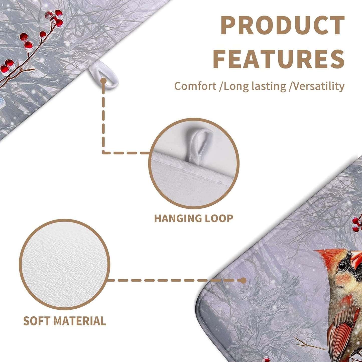 Winter Cardinal Birds Dish Drying Mats Christmas Snowflake Dish Mat Kitchen Tree Large Drying Matt Dishes Dryer Pad for Kitchen Counter Absorbent Microfiber Washable Foldable Reusable 18x24 in