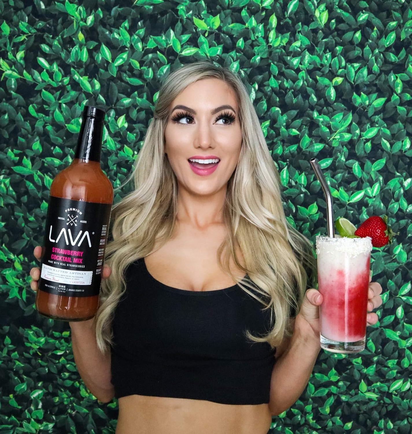 LAVA Premium Strawberry Margarita Mix Strawberry Daiquiri Mix, Made with Real Strawberries, Agave, Key Lime, No Artificial Sweeteners, Lots of Flavor, Ready to Use, 1-Liter (33.8oz) Glass Bottle