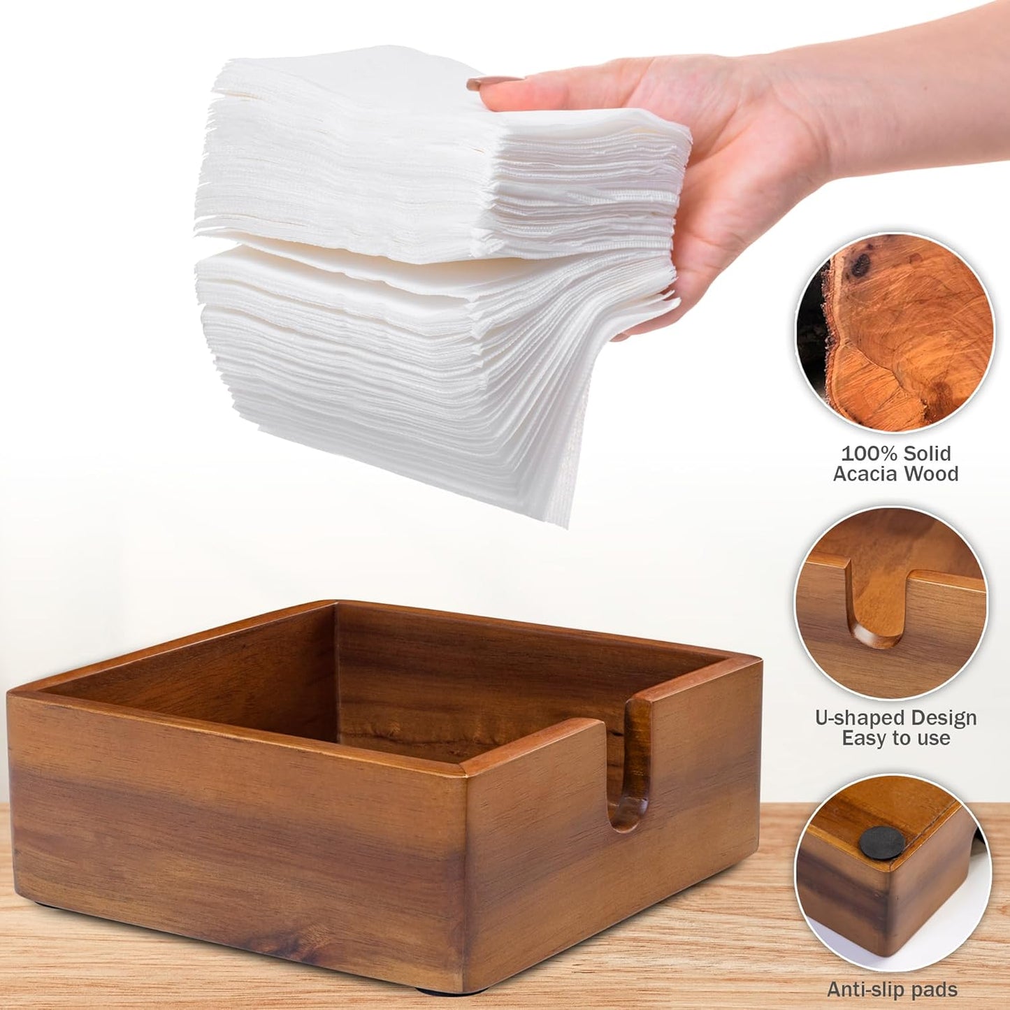 Acacia Cocktail Paper Napkin Holder Square 5.4x5.4 inches, Wood Flat Napkin Tray, Cocktail Napkin Caddy For Kitchen Décor, Restaurant Countertop Bar Accessories