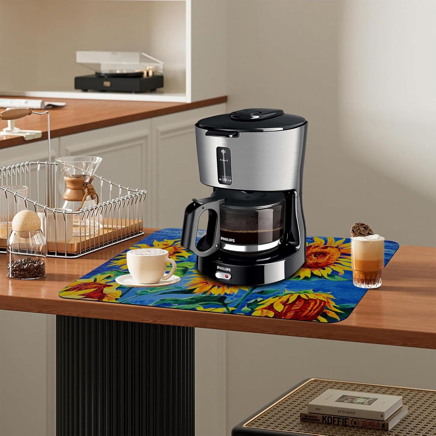 Kitchen Mat Oil Painting Sunflowers Dish Drying Mat 16"x24" Bsorbent Coffee Maker Mat for Sink Dishes or Under Rack Kitchen Counter Accessories Absorbent Hide Stain Rubber Backed Dish Drying Pad