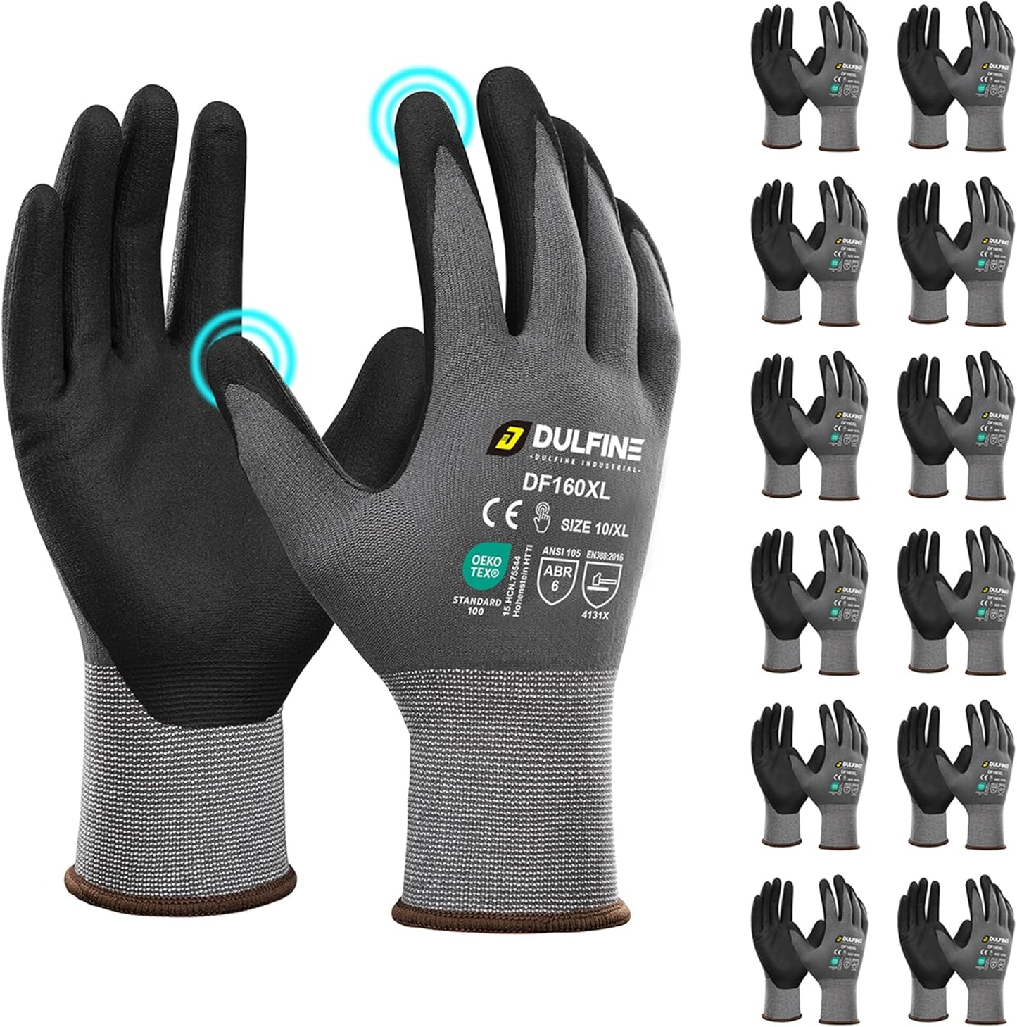 DULFINE Safety Work Gloves MicroFoam Nitrile Coated-12 Pairs Pack,Seamless Knit Nylon Glove with Black Micro-Foam Nitrile Grip,Ideal for General Purpose,Automotive,Home Improvement,Painting(XX-Large)