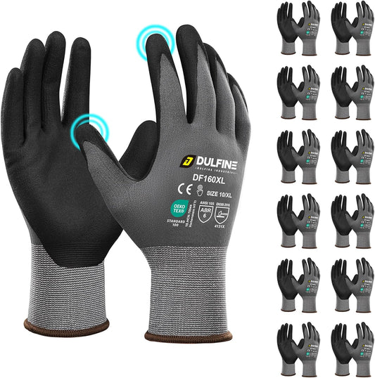 DULFINE Safety Work Gloves MicroFoam Nitrile Coated-12 Pairs Pack,Seamless Knit Nylon Glove with Black Micro-Foam Nitrile Grip,Ideal for General Purpose,Automotive,Home Improvement,Painting(Large)