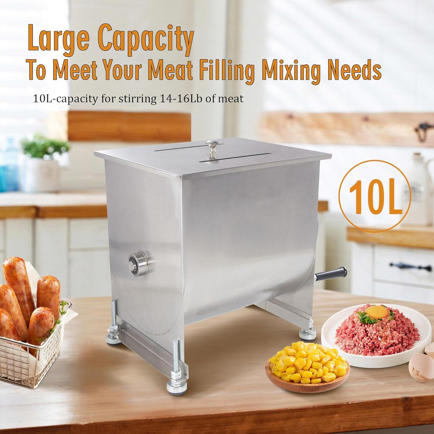 CMI Commercial Stainless Steel Manual Meat Mixers with lid,20Lb/10L Fixed Tank,(Mixing Maximum 15Lb for Meat),Sausage Mixer Machine Meat Processing Equipment