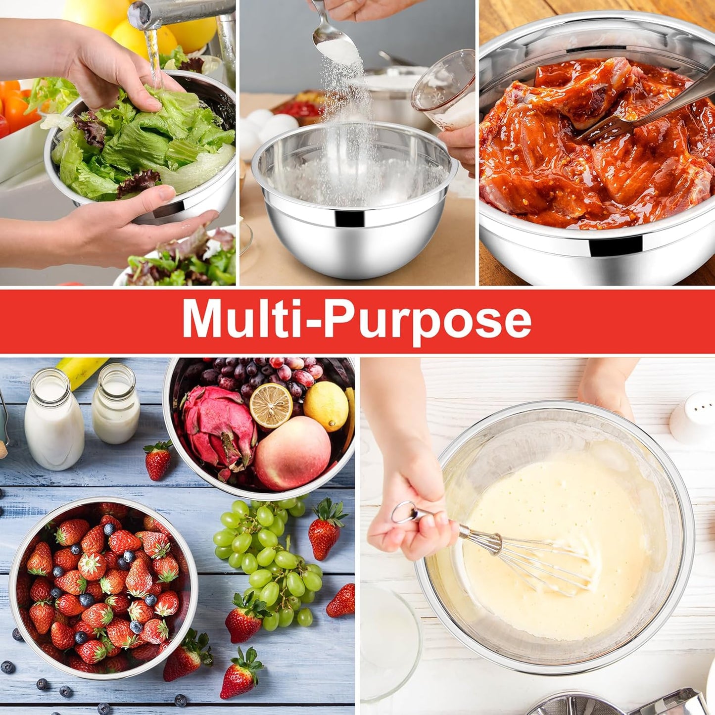 E-far Mixing Bowls with Lids, 12-Piece Stainless Steel Salad Bowls Metal Nesting Bowls for Baking Cooking and Prepping, Airtight Lids & Stackable Design, Size 7, 4.5, 3, 1.5, 1.2, 0.7 QT (Red)