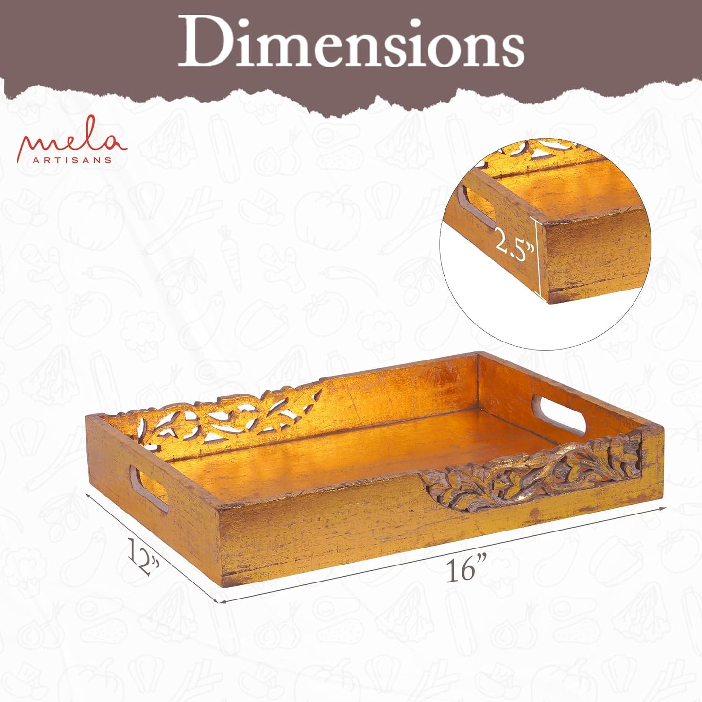 Coffee Table Tray (Distressed Gold) - “Flourish” Wood Serving Tray w/Handles for Breakfast in Bed - Mango Wood Decorative Tray w/Felt Pads - Medium Size Tray - 16” x 12” x 2.5”