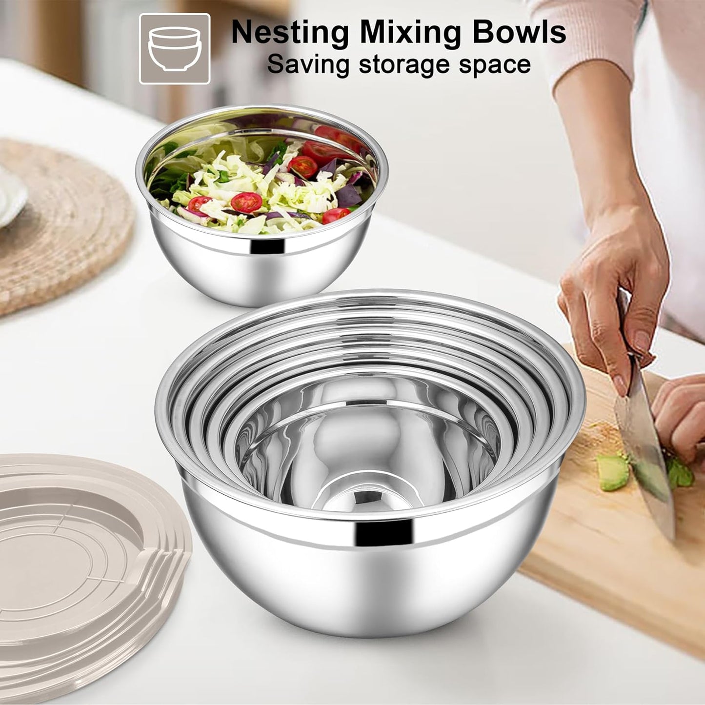 E-far Mixing Bowls with Lids Set, 7-Piece Stainless Steel Metal Mixing Bowls with Grater Attachments, Size 4.6, 3.5, 2.6, 2, 1.5, 1, 0.7QT, Nesting Design & Khaki Airtight Lids, For Cooking/Serving