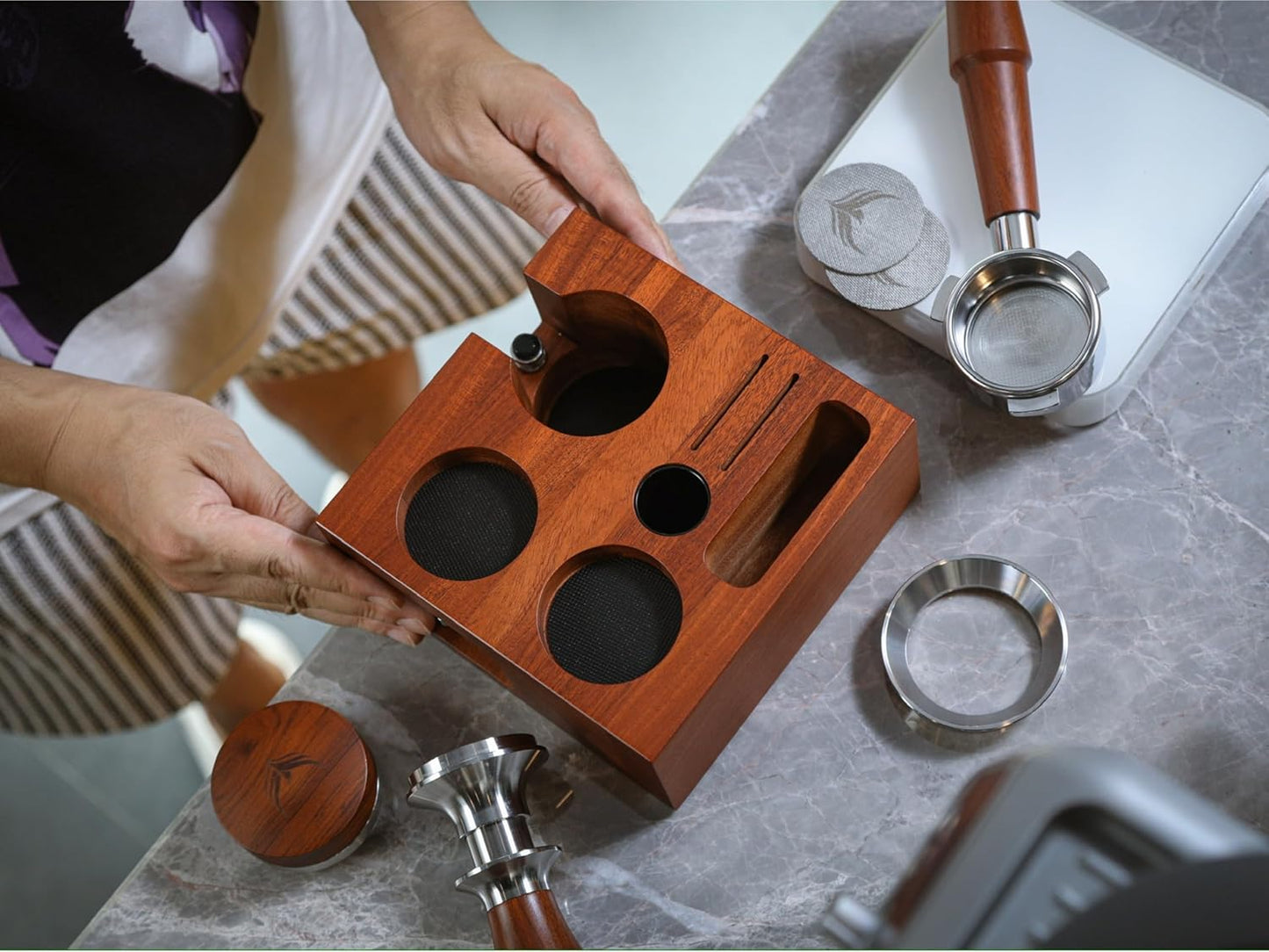 54mm Espresso Tamping Station Rosewood – Premium Organizer for Breville Espresso Machine Accessories Holder for Tamper, Funnel, WDT, Puck Screens, RDT | Barista Station Box