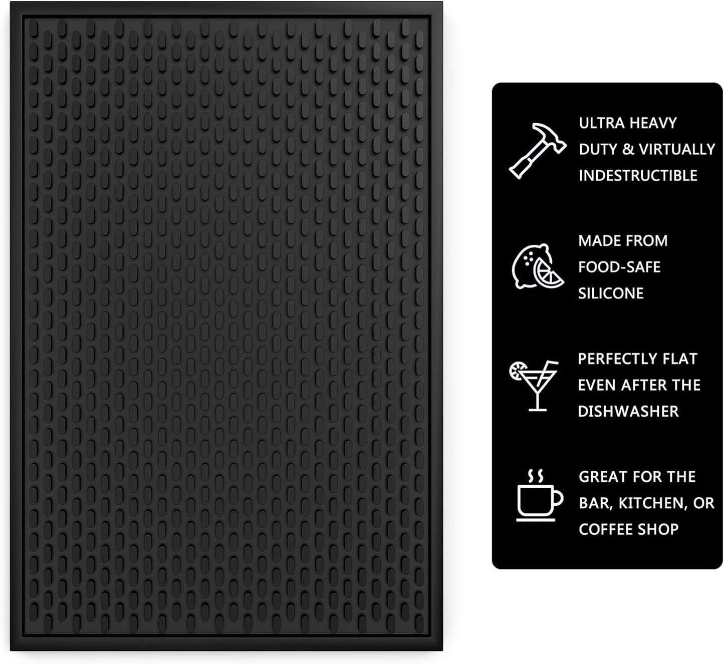 Silicone Drip Mat - 1/2 Inch Thick, Heat-Resistant and Food Safe - Counter Top, Coffee Bar or Restaurant - Drying Mat for Glasses - 18x12 Inches