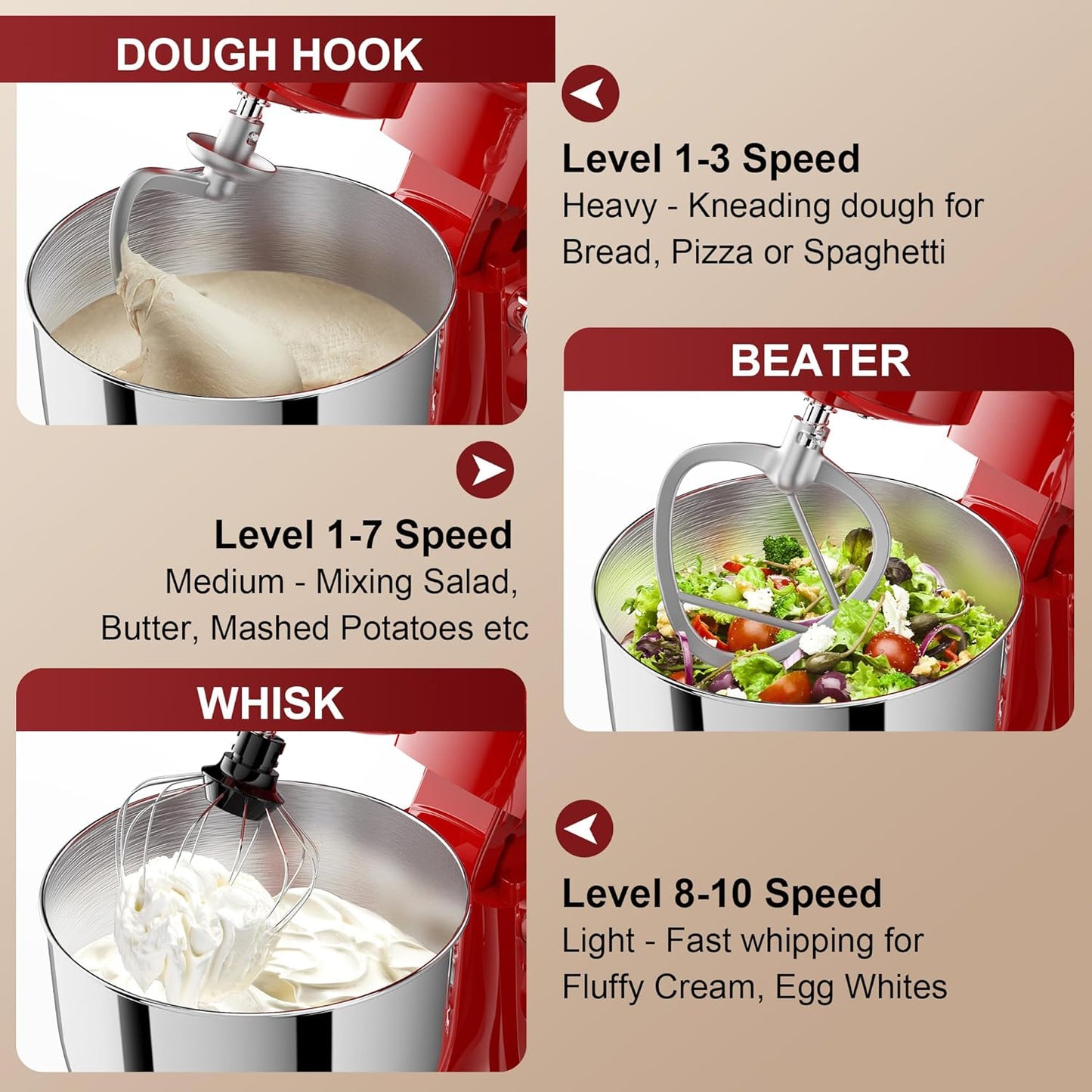 10-Speed Stand Mixer with 8-in-1 Splash Guard, Tilt-Head, 6QT Stainless Steel Bowl + Dishwasher-Safe Dough Hook/Whisk/Beater/Spatula for Baking Bread, Cakes, Cookies, Red