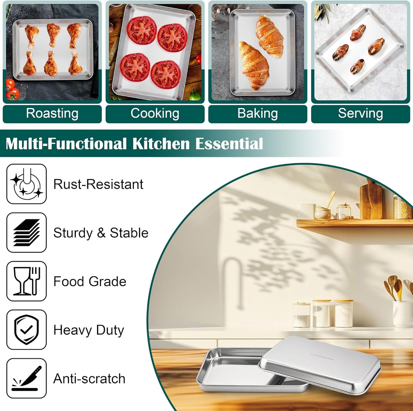 E-far Small Baking Sheet with Wire Rack (2 Pans + 2 Racks), Stainless Steel Cookie Sheets Trays & Cooling Rack for Toaster Oven, Non Toxic & Warp Resistant, Oven & Dishwasher Safe, 9.4 x 7.3 x 1 Inch