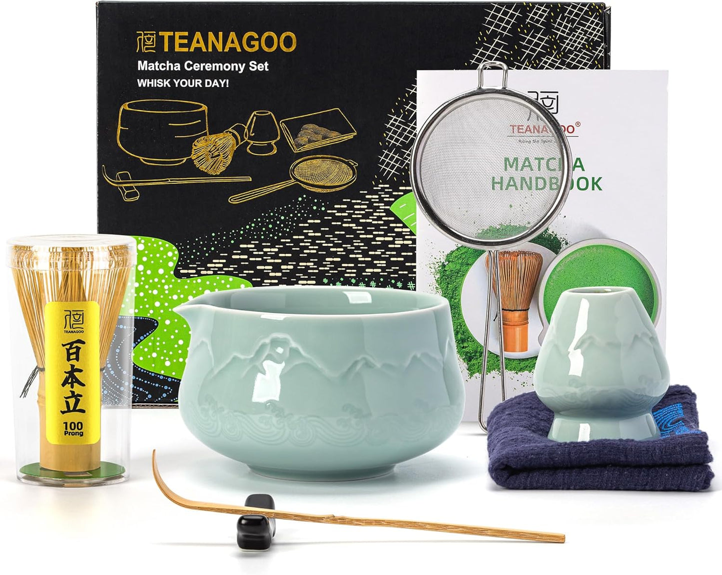 TEANAGOO 7 Pcs Matcha Whisk Set Blue, Ceramic Matcha Set, Matcha Kit for Ceremony, Matcha Tea Set for Making Breakfast/Latte, Tradition Whisk Set and Bowl with Scoop&Sifter, Gift for Friend/Family