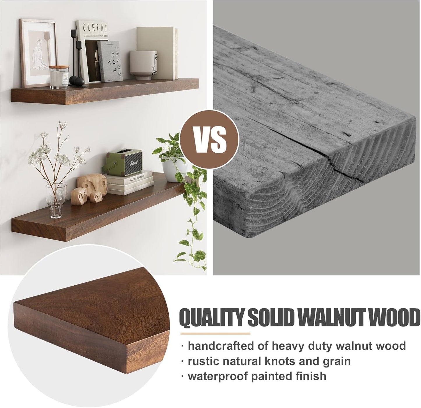 Floating Shelves for Wall, USA-Sourced Walnut Wood 36 Inch Long Wall Shelves Set of 2, Natural Wooden Wall Mounted Picture Ledge Shelf, Nursery Book Storage Shelf Kids Bookshelf, Display Shelf