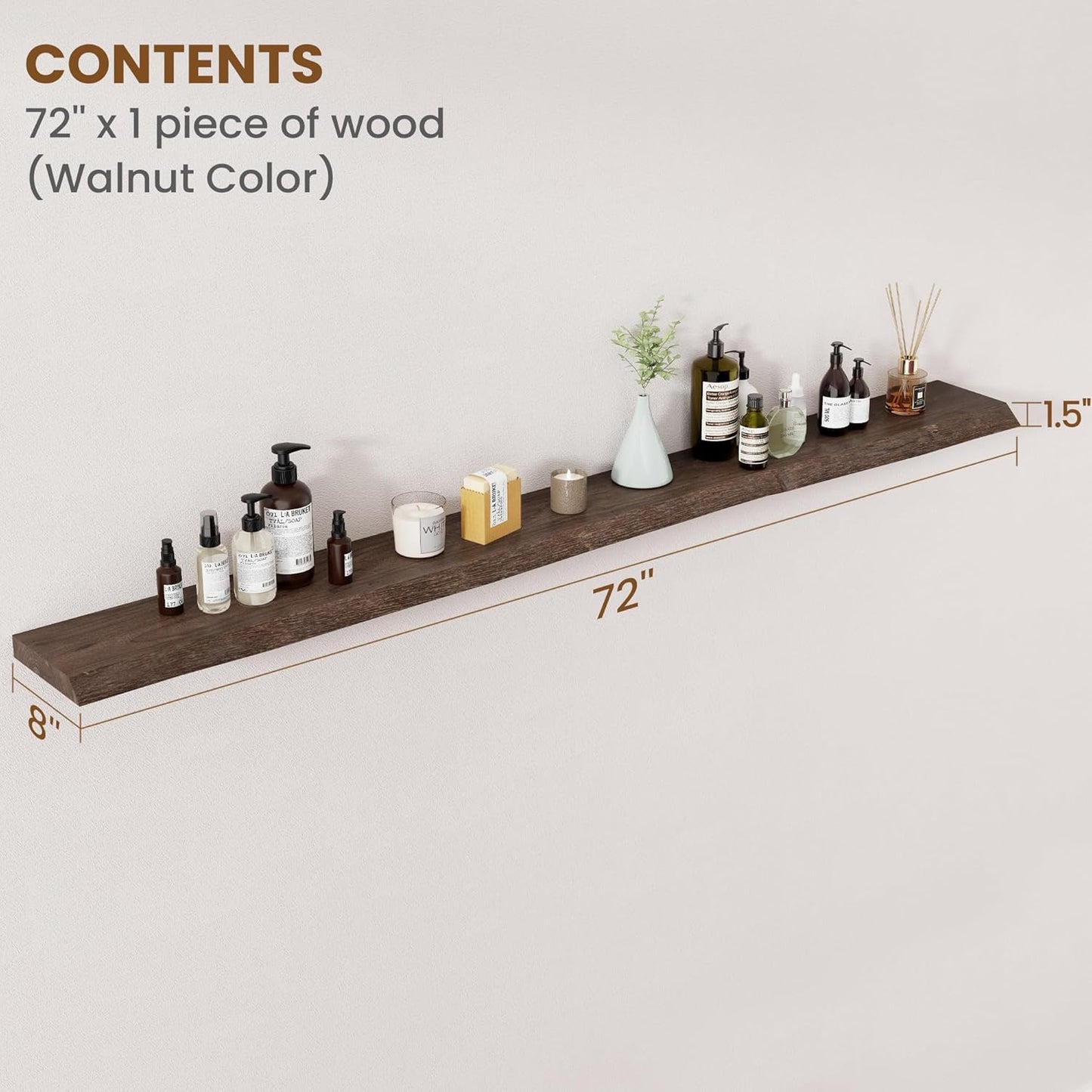 Floating Shelves for Wall Decor, Rustic Solid Elm Wood Live Edge Floating Shelves Wall Mounted, Wall Shelves with Invisible Bracket for Living Room Bathroom Bedroom Kitchen, 72 Inch, Walnut