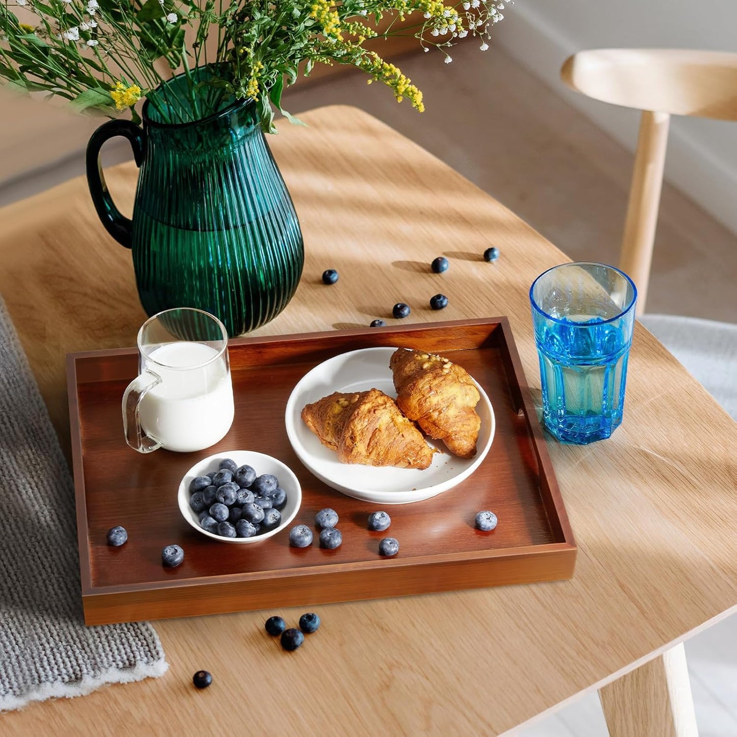 17 Inch Brown Serving Tray with Handles, Large Wooden Tray for Ottoman, Breakfast in Bed, Coffee Table, Dinner, Rectangular Wood Tray for Living Room Bedroom Entryway and Kitchen