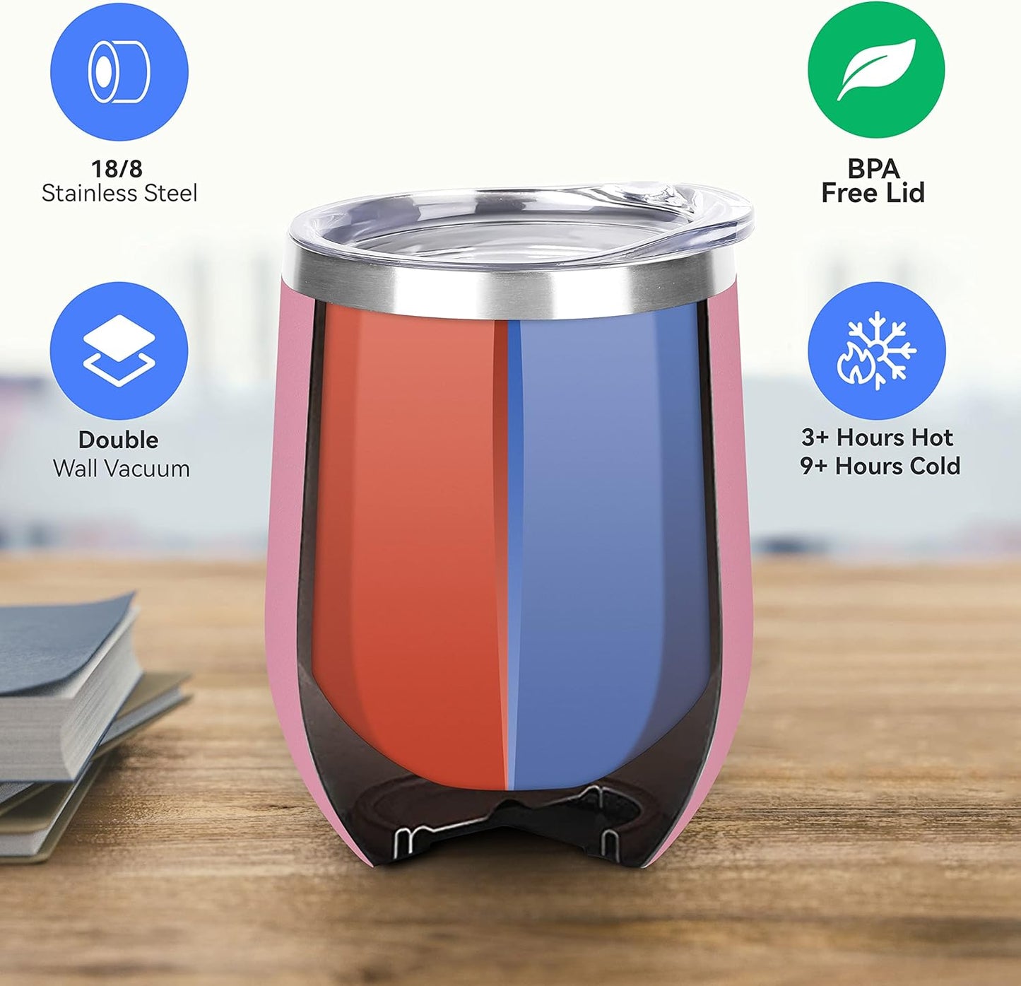 DOMICARE Stainless Steel Wine Tumbler Bulk with Lid, Personalized Insulated Tumblers Set, 12oz Travel Coffee Cups Pack of 8, Pink