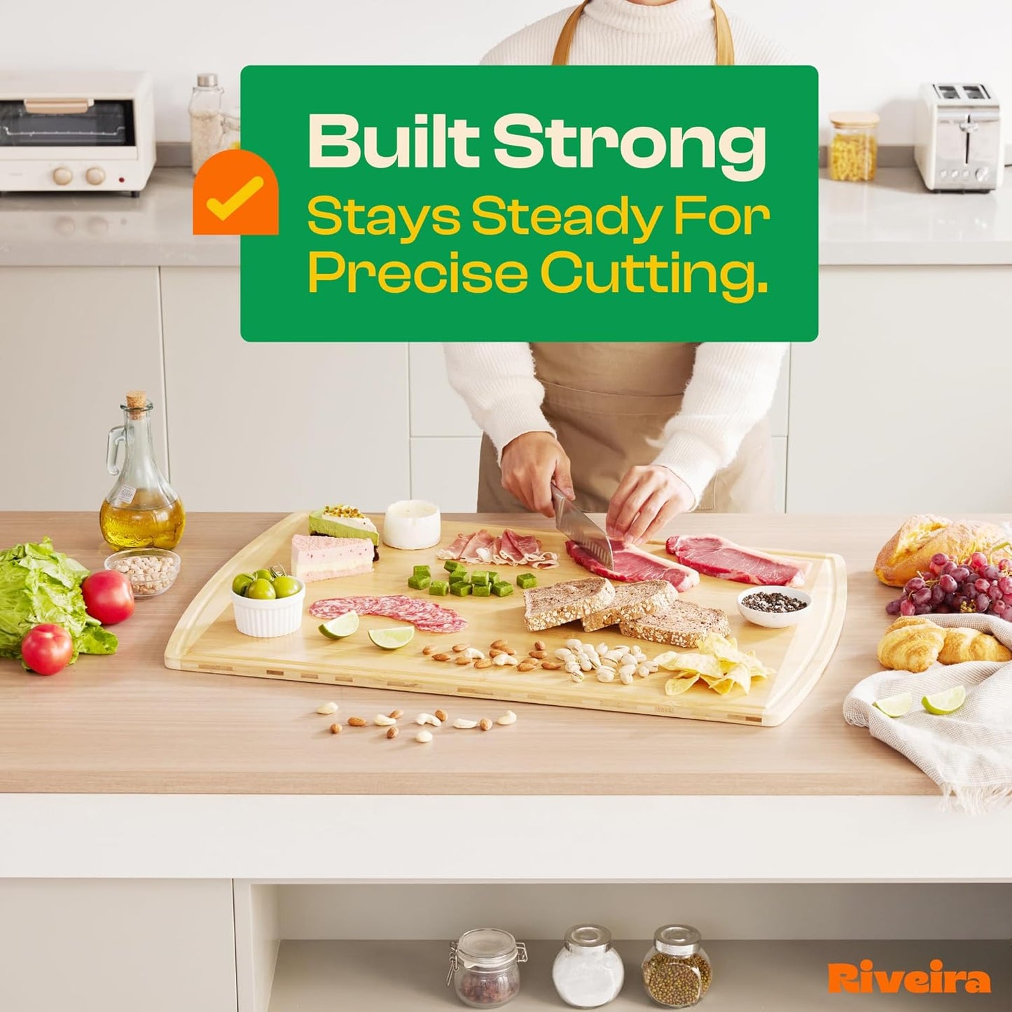 Riveira Two Tone Bamboo Wood Cutting Board – Gourmet Bamboo Grandeur: 20 x 30 Wooden Cutting Board – Wooden Cutting Boards For Kitchen Decorative – Innovative Juice Grooves Wooden Chopping Board