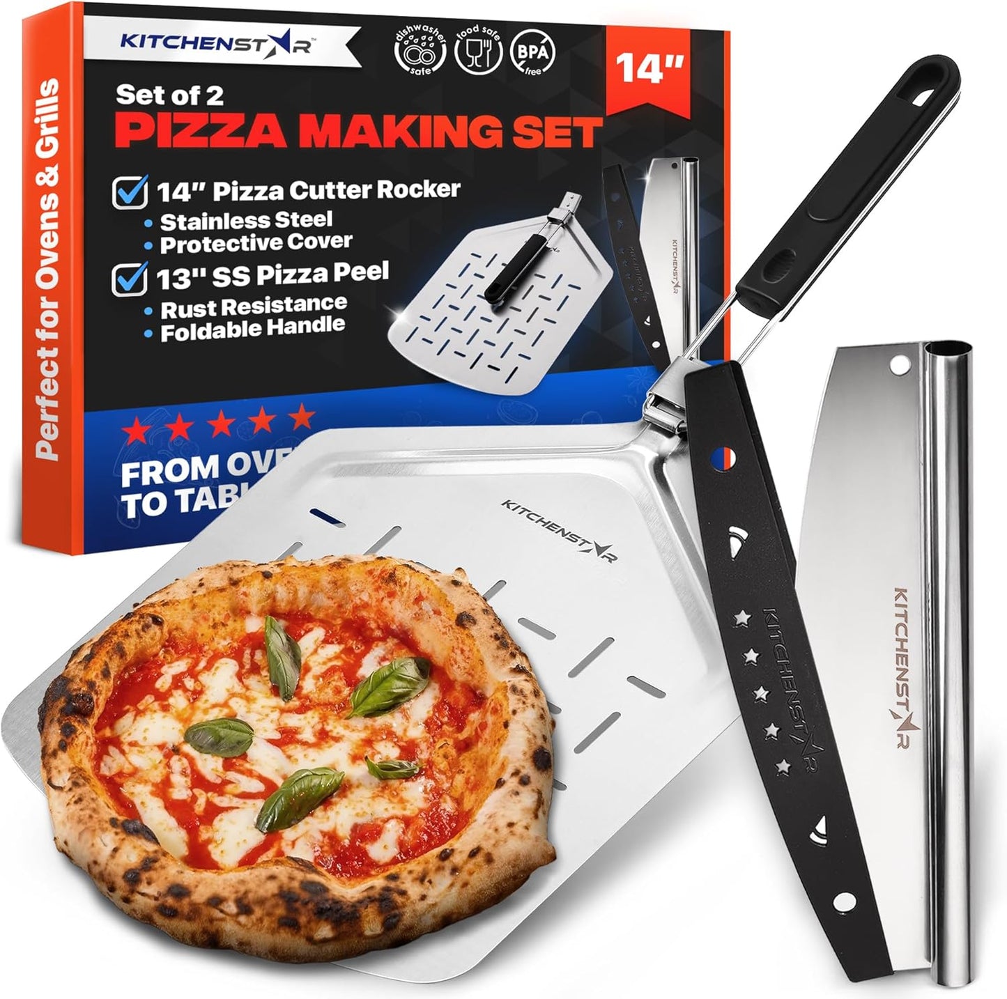 14" Pizza Making Kit (Set of 2) - 14" Pizza Cutter Rocker Knife with Blade Cover + 13" Perforated Stainless Steel Pizza Peel with Folding Handle - Ultimate Pizza Oven Accessories