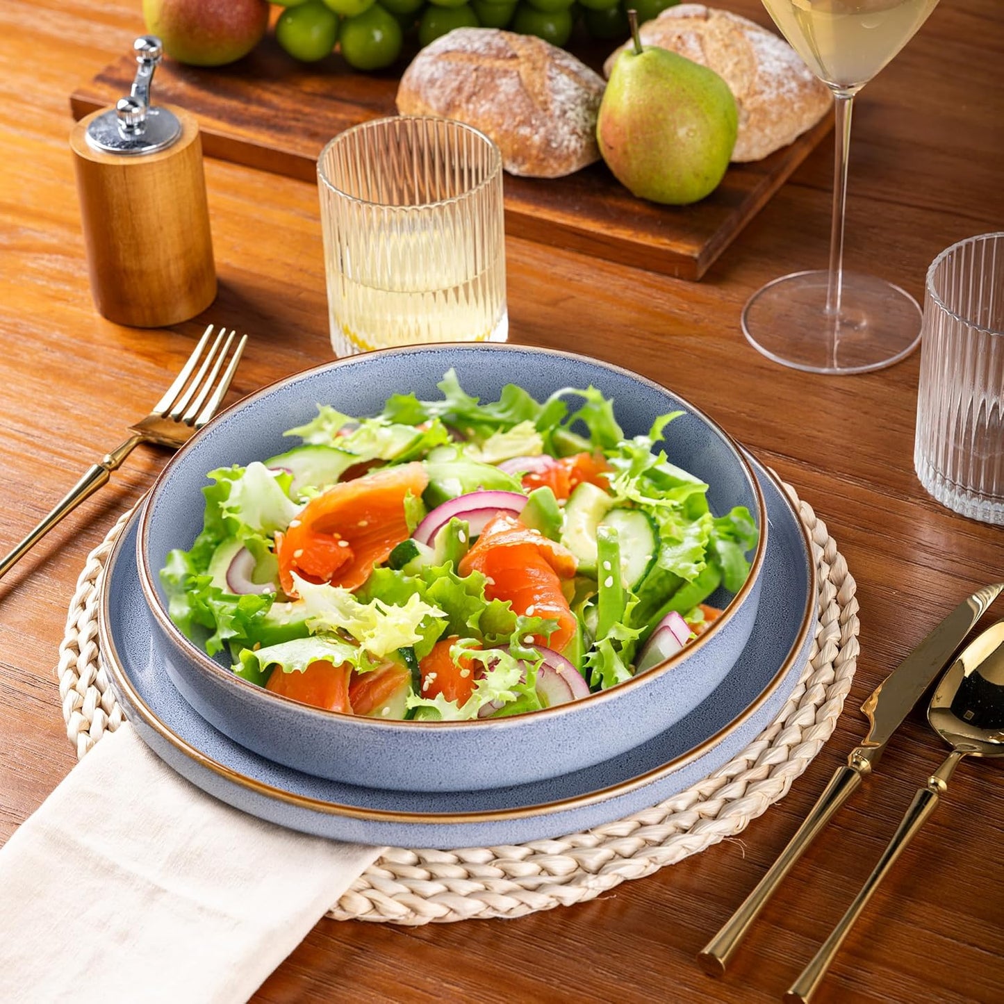 GBHOME 9'' Large Ceramic Pasta Bowls, 32oz Stoneware Pasta Serving Bowls Set of 4 for Kitchen, Wide Bowls for Fruit,Pasta,Salad,Oatmeal,Meal, Microwave Safe, Reactive Glaze-Brunnera Blue