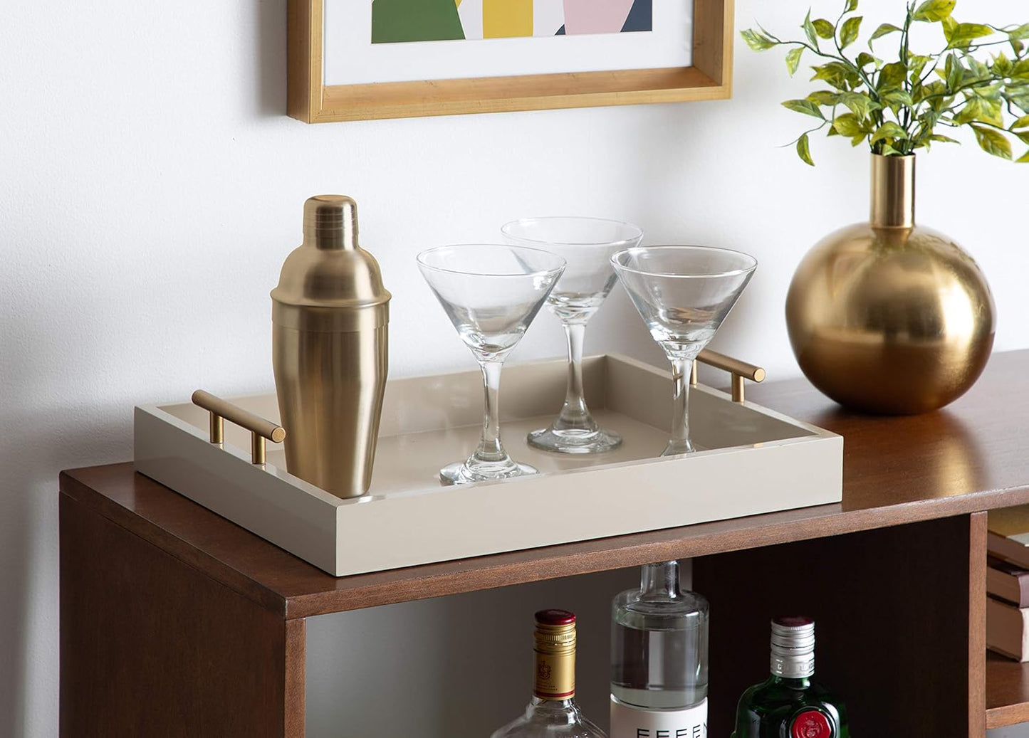 Kate and Laurel Lipton Mid Century Modern Decorative Wood Tray with Brushed Gold Metal Handles, Sand Brown