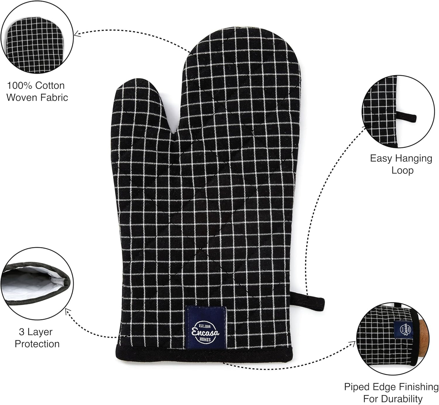 Encasa Homes Long 12" Oven Microwave Hand Gloves Mitts (2 pc Set) for Kitchen Cooking & Baking - Heat Resistant, Thick & Safe, Protection of Hands from Hot Utensils - Butcher Checks Black