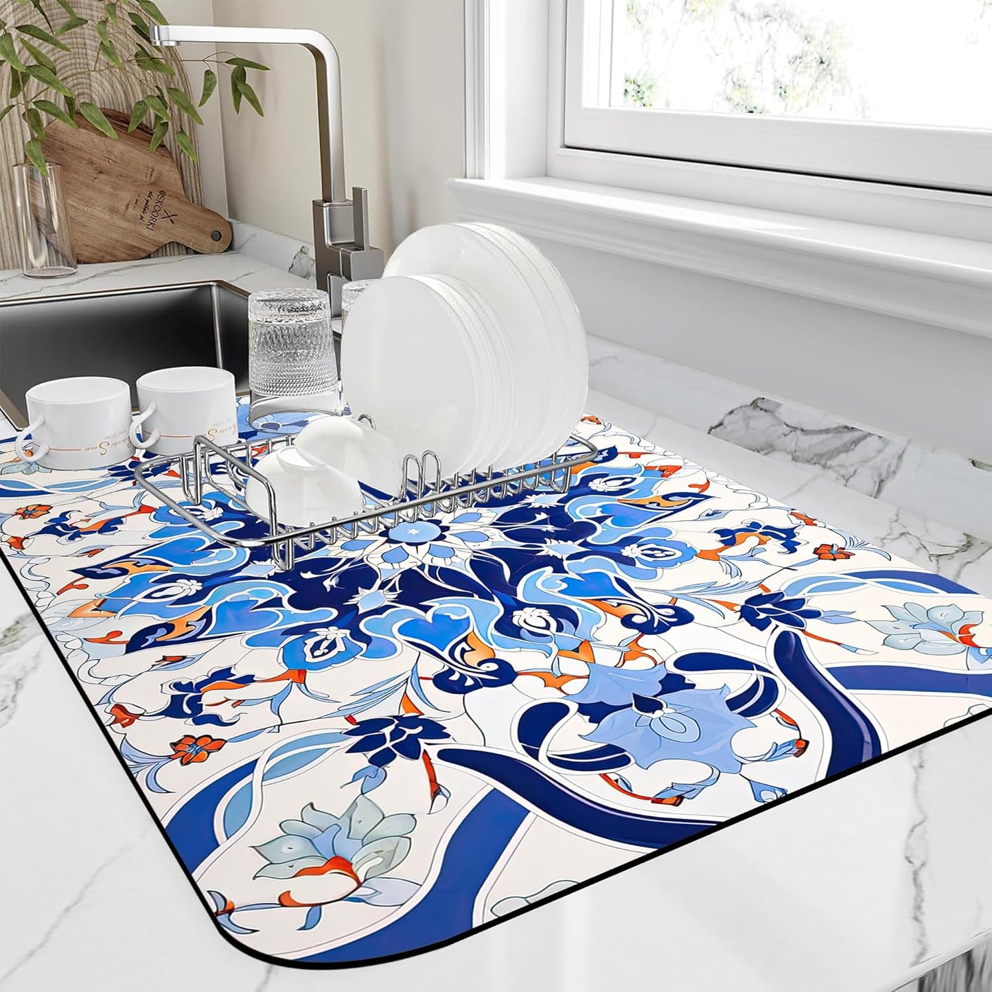 Dish Drying Mat Mandala Blue Floral Kitchen Mat 12"x19" Bsorbent Coffee Maker Mat for Dishes,Utensils Coffee Maker Pots and Pans Easy Clean Dish Slip Resistant Pad