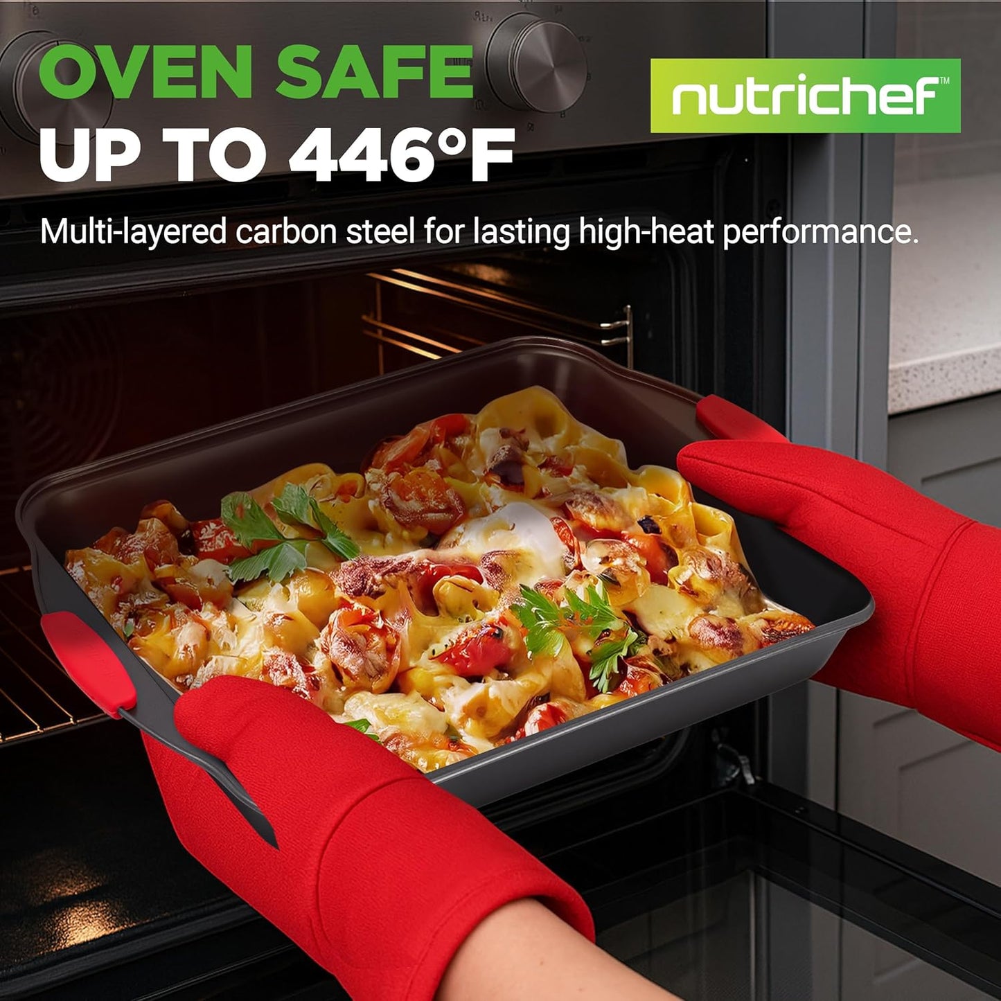 NutriChef 10-Piece Nonstick Kitchen Oven Baking Pans - Premium & Stylish Non-Stick Carbon Steel - Commercial Grade Restaurant Quality Metal Bakeware with Silicone Handles - Easy to Clean, NCSBS10S