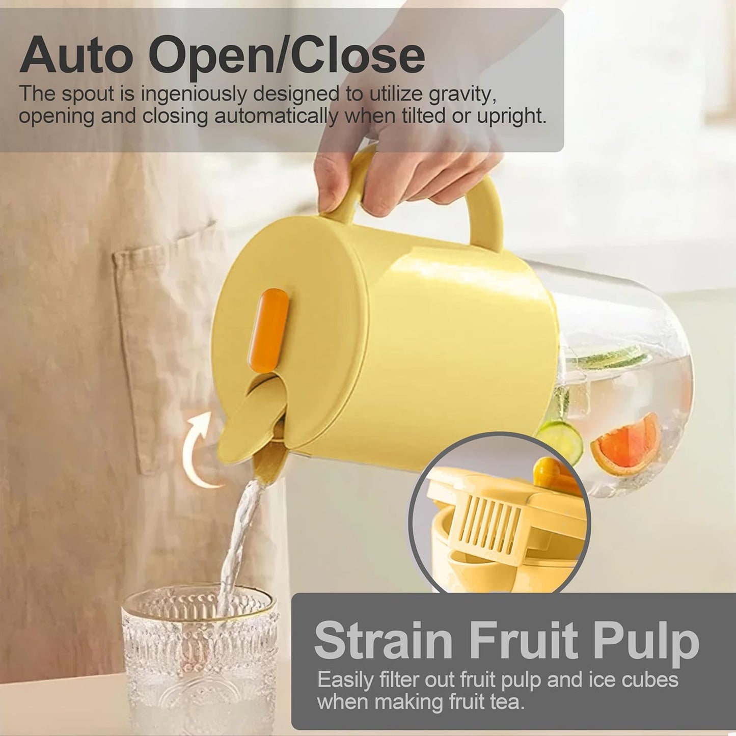 Delove Borosilicate Glass Pitcher with Lid & Auto Spout – Shatterproof Plastic Shell, Wide Mouth Design – 62 oz (1.9 Quart) Jug for Boiling Water, Iced Tea, Juice & Cold Brew Coffee (2, Yellow)