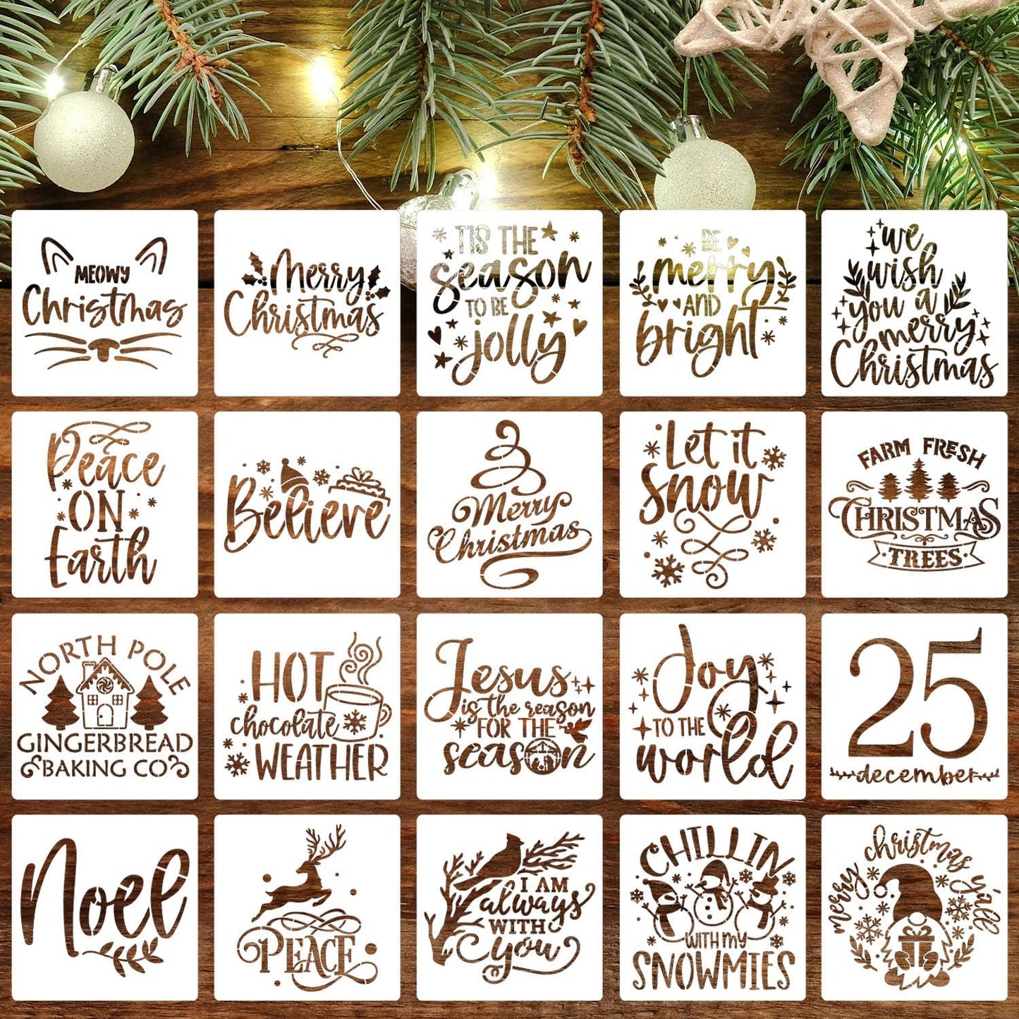 20pcs Christmas Stencils for Painting on Wood, 6' Xmas Holiday Stencil Set with Cardinal, Pet, Nativity Templates