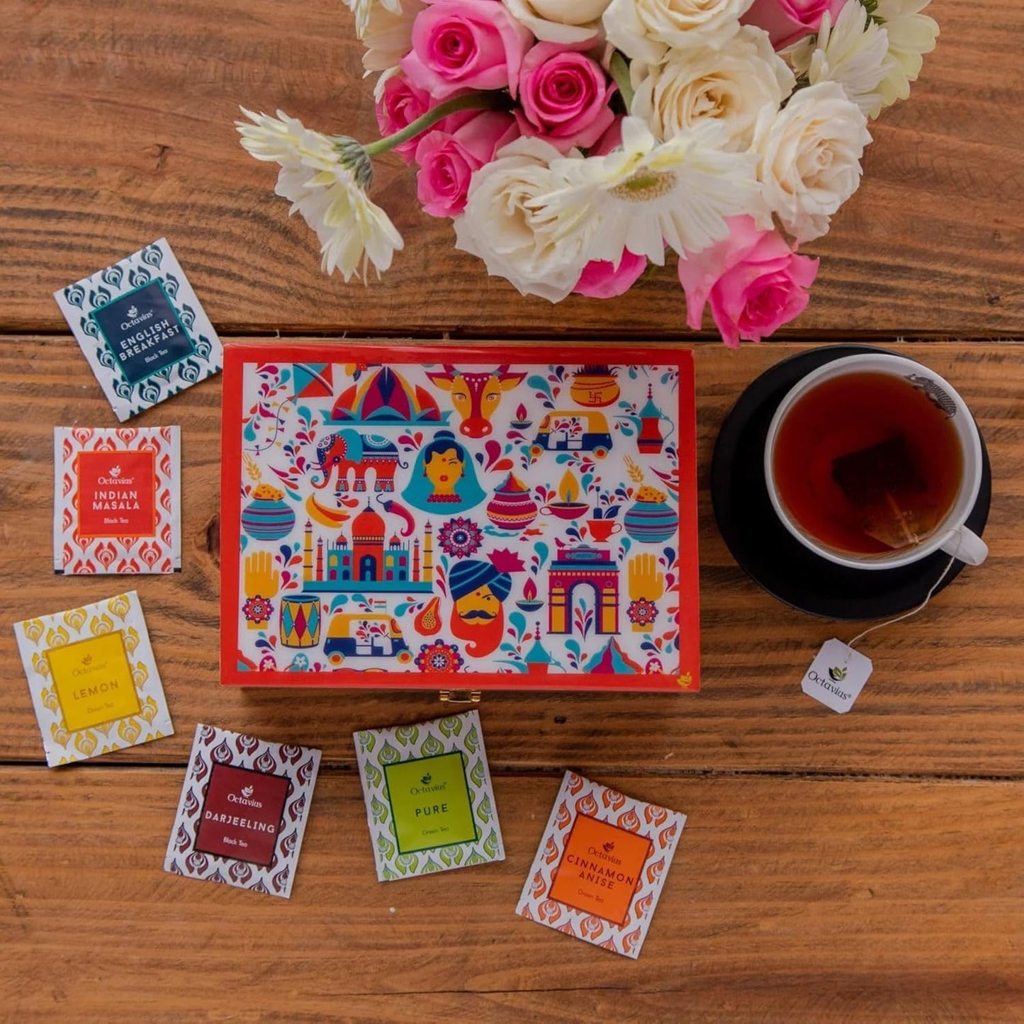 Octavius Gift's Select - Assorted Tea in Multi Design Printed Wooden Box | 6 Flavors, 90 Tea Bags | Black & Green Tea | Tea Gifts for Women & Men | Tea Variety Pack | Mothers Day Tea Gift Box
