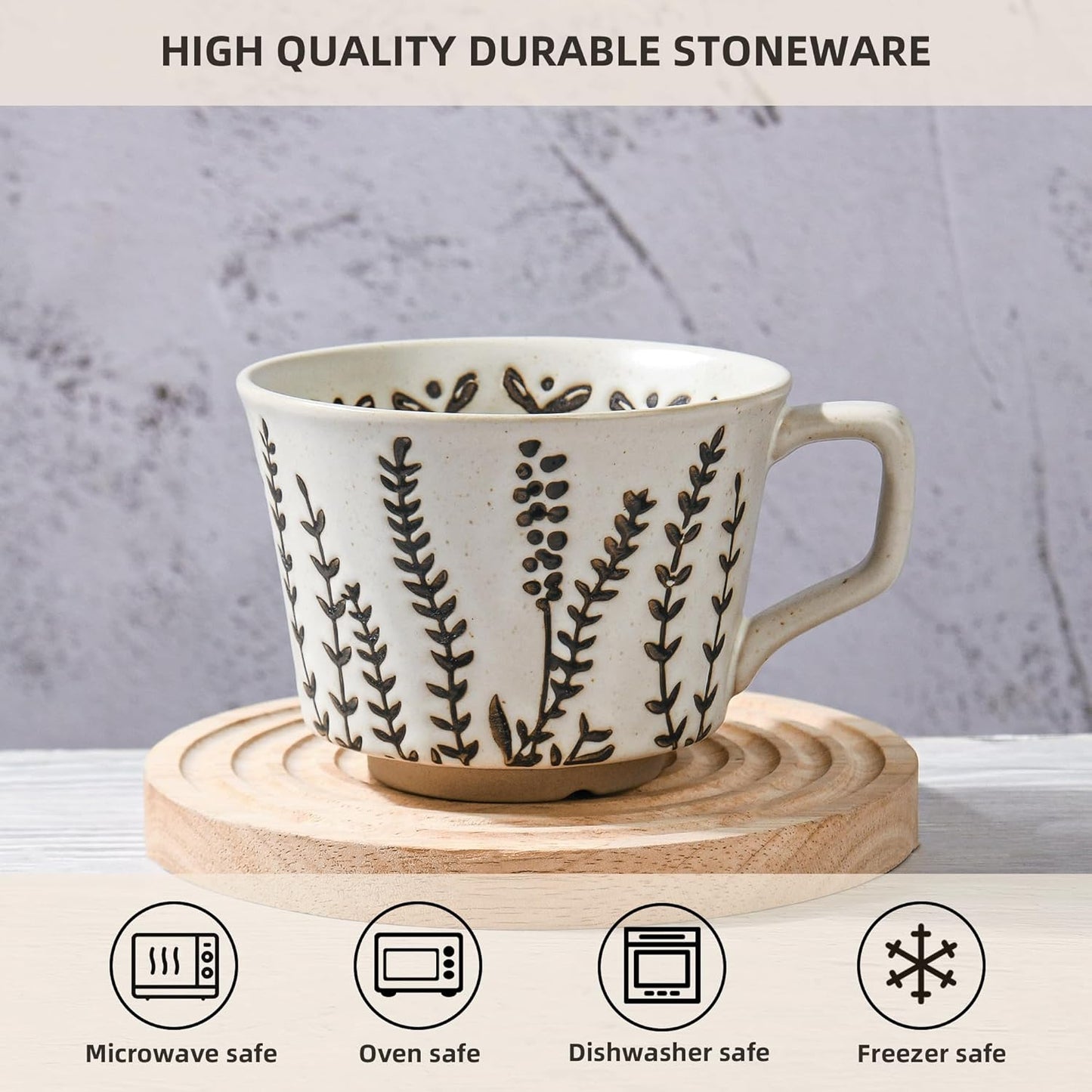 Ceramic Coffee Mug, 12 oz Novelty Unique Teacup with Large Handle, Stoneware Cup for Tea Mocha Latte Cappuccino Espresso (Set of 4, Butterfly Grass Ivy and Leaf)
