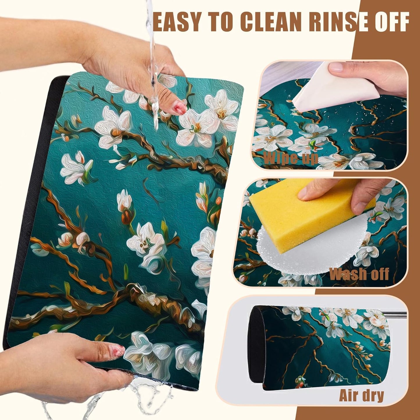 Blossoming Almond Tree Dish Drying Mat for Kitchen Counter Bar Mat Hide Stain Absorbent Rubber Backed Coffee Mat Coffee Maker Espresso Machine Bar Accessories 15.7 x 23.6 Inch