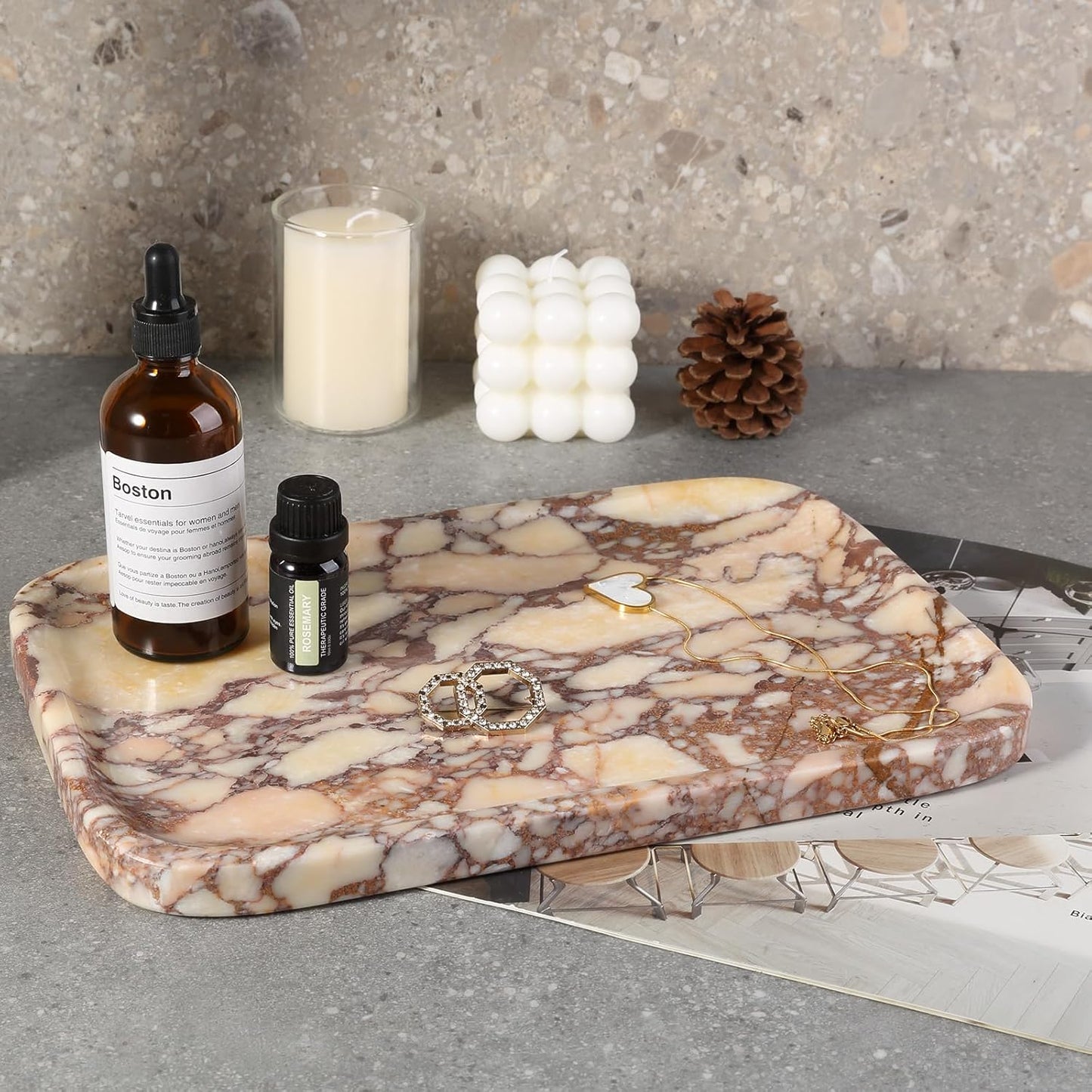 Calacatta Marble Vanity Trays, Marble Bathroom Tray Countertop, Luxury Decorative Dresser Organizer, Purple&White Natural Stone Serving Tray for Kitchen, Perfume, Jewelry Holder Storage