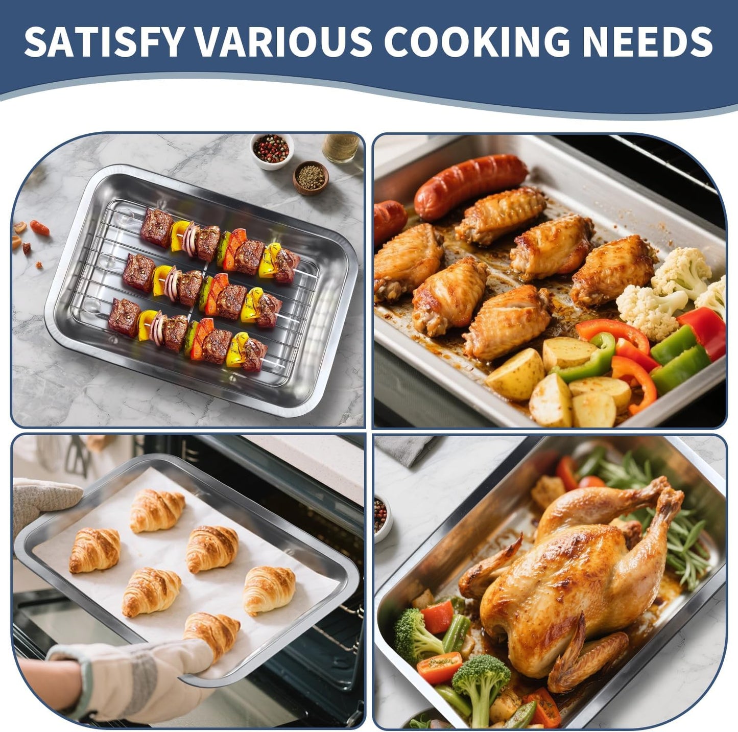 Sheet Pan with Cooling Rack Set [2 Baking Sheets + 1 Baking Rack], Stainless Steel Cookie Sheets for Baking and Wire Rack, Warp Resistant, Heavy Duty, Rust Free, Size 12.4 x 8.46 x 1.77 Inch