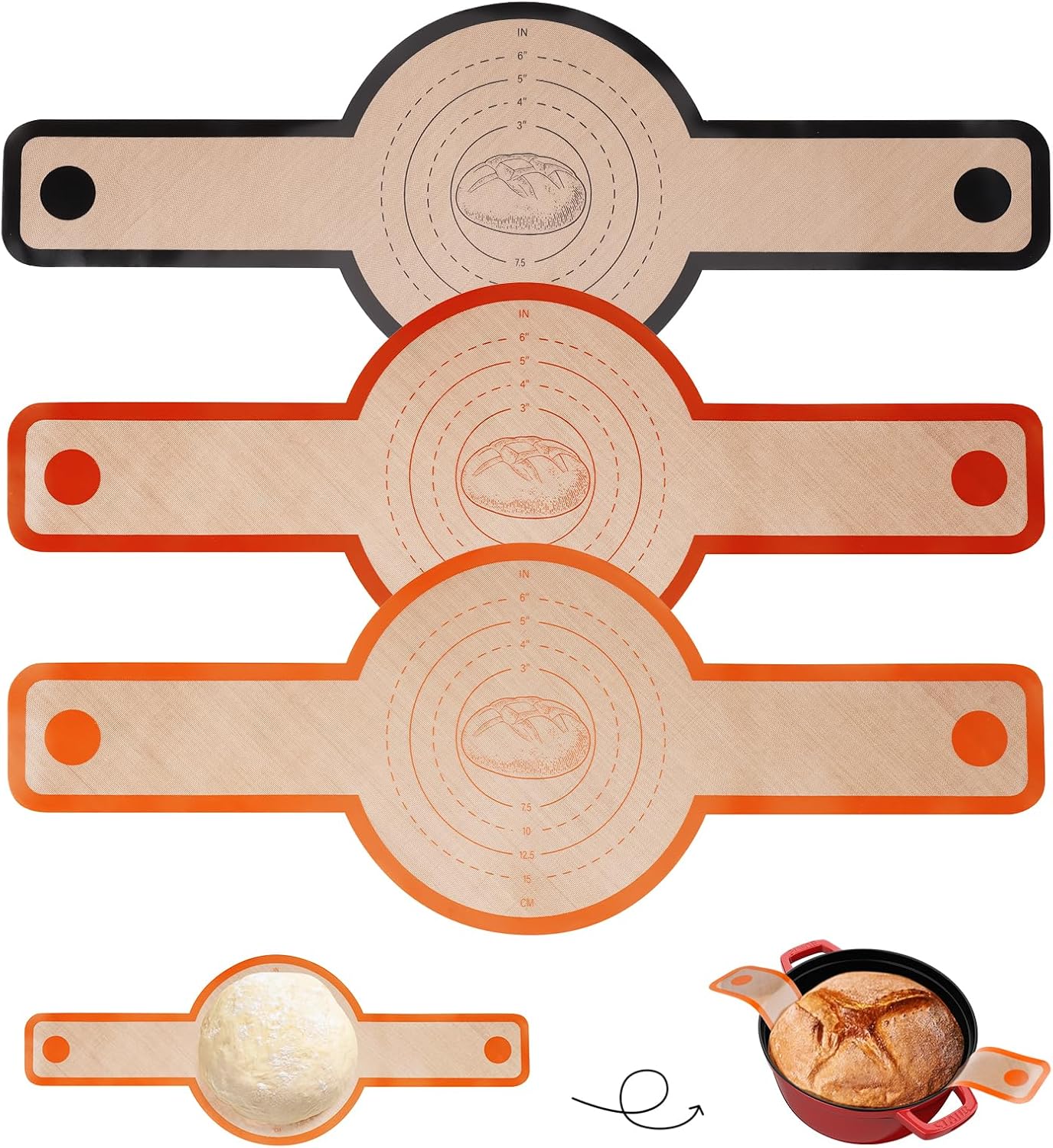 Dizywiee Silicone Bread Sling for Dutch Oven, 3-Pack Non-Stick & Easy to Clean Bread Baking Mat Set, Reusable Bread Sling with Long Handle to Transfer Sourdough, 01.3Pack Black+Orange+Red