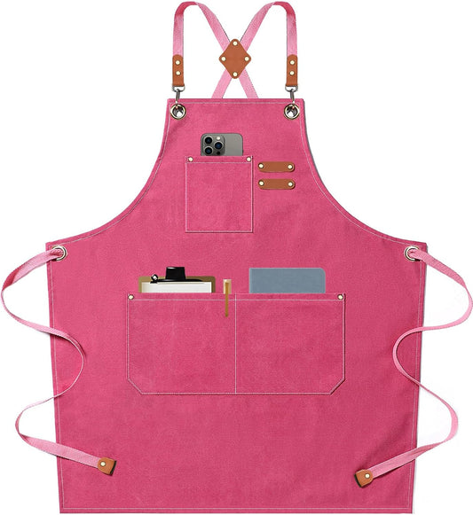 AFUN Chef Aprons for Men Women with Large Pockets, Cotton Canvas Cross Back Heavy Duty Adjustable Work Apron, Size M to XXL (Pink)