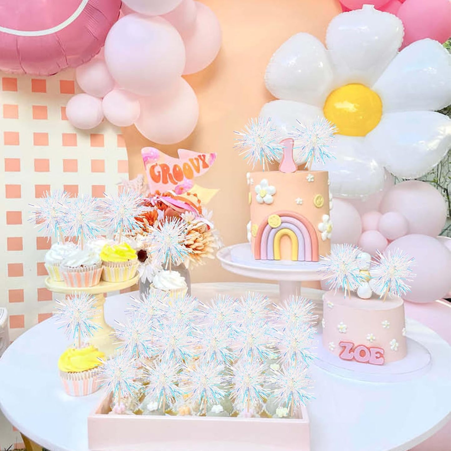 30 PCS Foil Firework Cupcake Toppers Happy Birthday Cupcake Toppers Sparkle Tinsel Flower Drink Stirrers Cocktail Fruit Toothpicks for Valentine's Day Baby Shower Party Cake Decor Supplies White